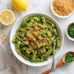 Green Pasta with Spinach Lemon Parmesan Sauce and Toasted Breadcrumbs Recipe