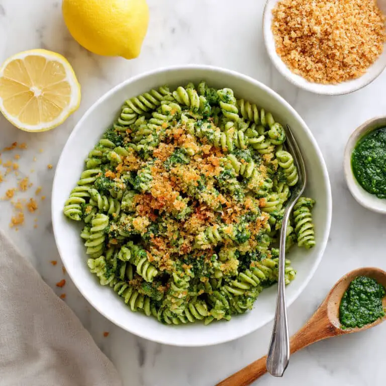 Green Pasta with Spinach Lemon Parmesan Sauce and Toasted Breadcrumbs Recipe