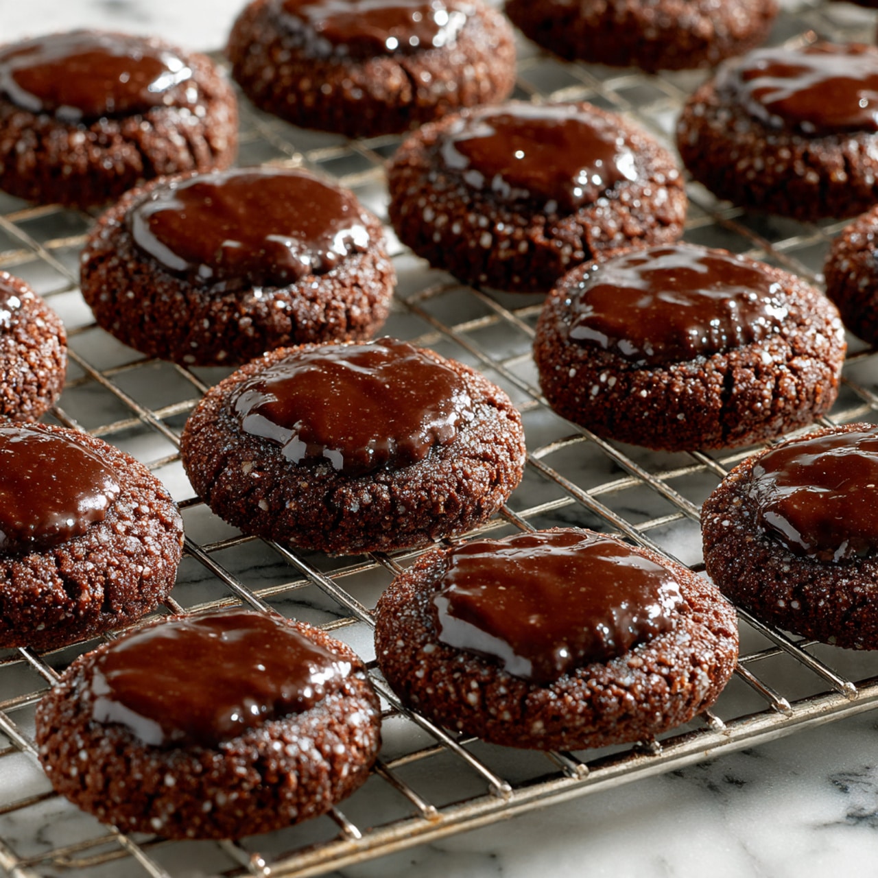 A group of round chocolate cookies arranged closely on white parchment paper, each cookie having a smooth, shiny chocolate layer spread on top showing a slightly uneven texture. In the center, one cookie is split in half, revealing a bright red cherry filling inside. Around the cookies are several whole glossy red cherries, adding a pop of color. The cookies have a soft but firm texture with visible cracks on the surface, sitting on a wooden tabletop partly visible at the edges. photo taken with an iphone --ar 4:5 --v 7