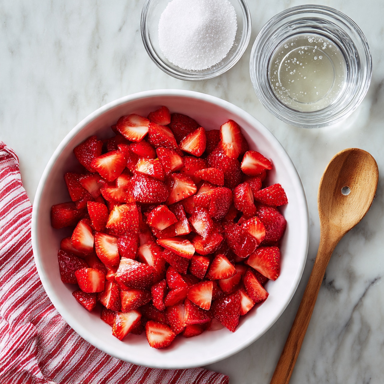 A white bowl filled with many bright red strawberry pieces, each cut into small triangular sections showing their fresh, juicy texture. The bowl is placed on a white marbled surface. Above the bowl, there are two small clear glass bowls, one with white granulated sugar and the other with clear liquid water. A wooden spoon with a smooth texture and a hole in the handle lies to the right of the bowl. A red and white striped cloth is partially visible on the left side of the image. Photo taken with an iphone --ar 4:5 --v 7