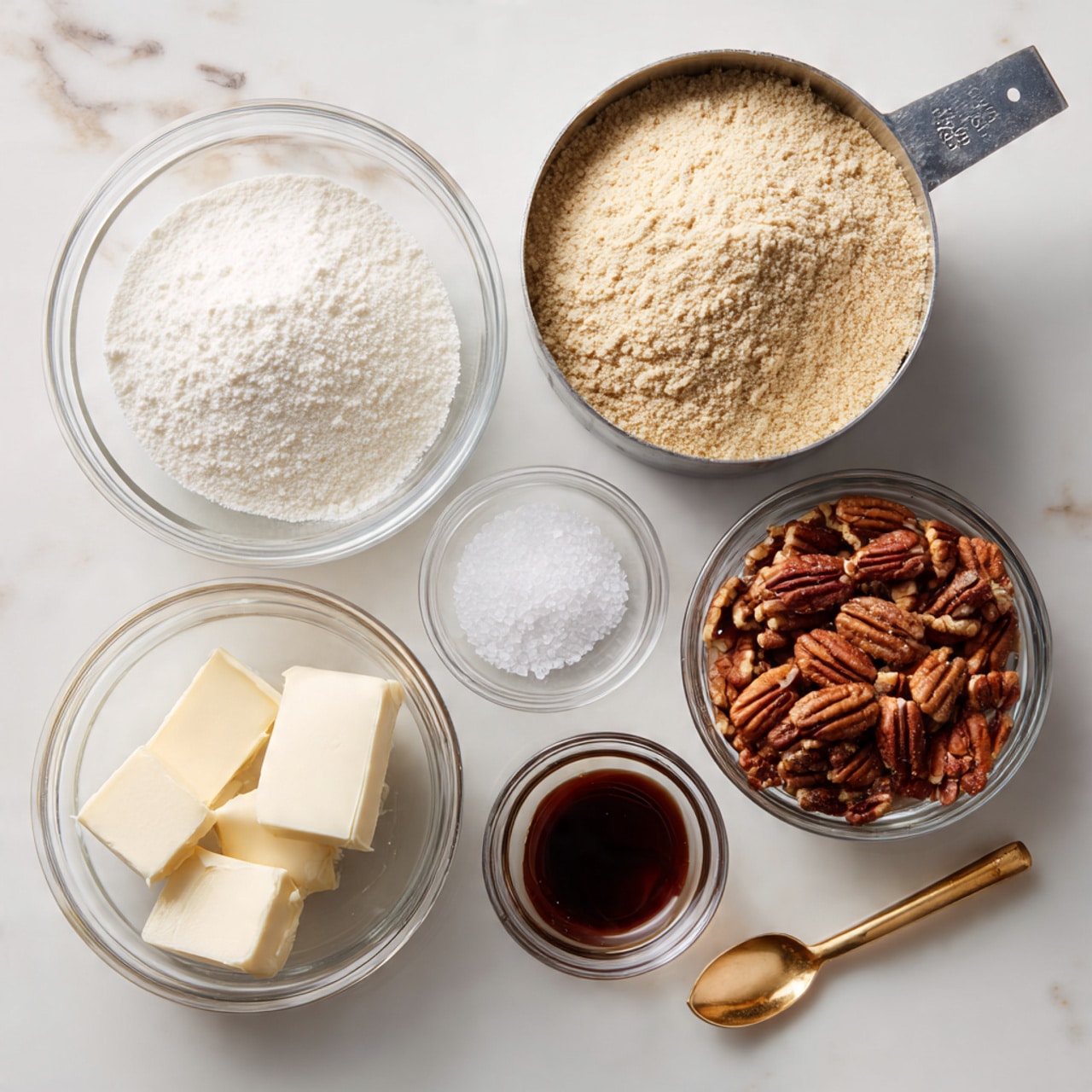 The image shows six containers with different baking ingredients arranged on a white marbled surface. At the top right, there is a metal measuring cup filled with beige almond flour. Below it, on the right side, a small clear glass bowl holds chopped pecans in light and dark brown shades. At the bottom right, a gold spoon contains dark brown vanilla extract. On the bottom left, a small clear glass bowl has white butter, ghee, or vegan butter in a soft square shape. Above it, a larger clear glass bowl is filled with fine white powdered sugar. Lastly, there is a small clear glass bowl with white salt near the vanilla spoon. Each ingredient is labeled with clear black text on white tags. photo taken with an iphone --ar 4:5 --v 7