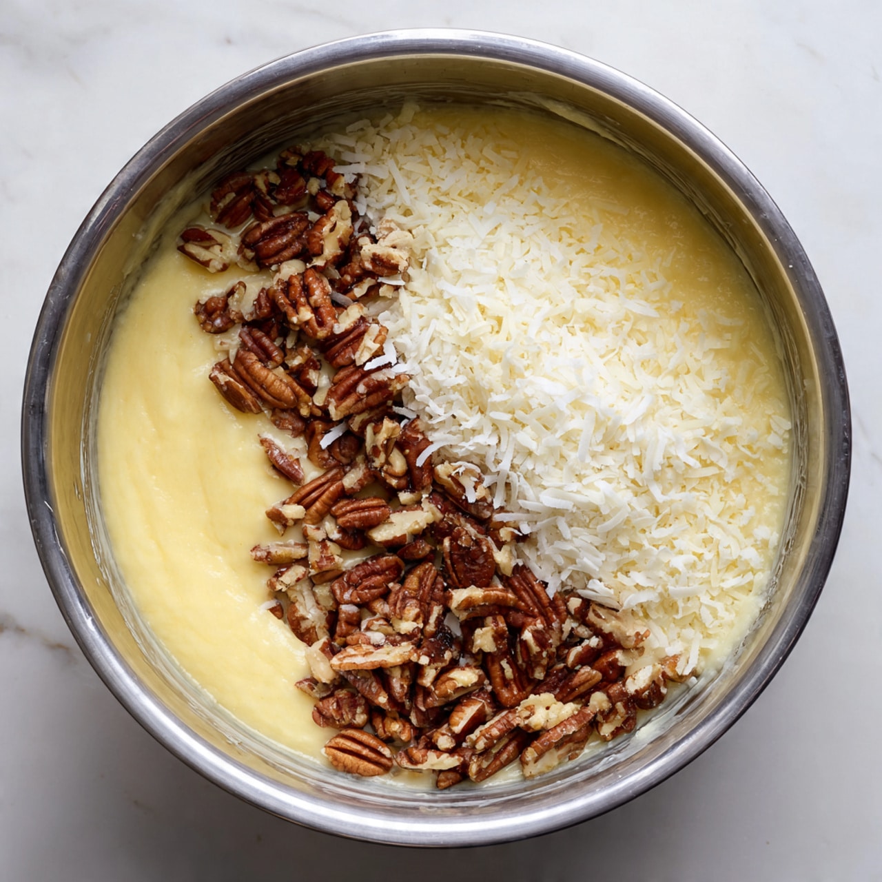 The image shows a white rectangular plate with eight round chocolate cookies arranged in two neat rows. Each cookie has three visible layers: a base layer of dark brown, cracked chocolate cookie; a middle layer of light beige coconut and nuts mixture that looks creamy and textured; and a top layer of dark chocolate drizzles in wavy lines across each cookie. The plate is set on a white marbled surface. photo taken with an iphone --ar 4:5 --v 7