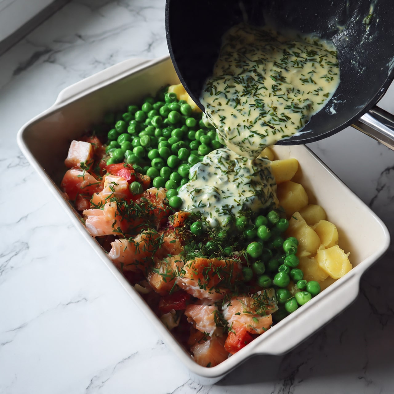 This image shows a white rectangular baking dish filled with a layered casserole. The top layer is golden brown baked mashed potatoes with a slightly crispy edge and some green chopped herbs sprinkled on top. One corner of the dish is scooped out, revealing the inside layers which include creamy white sauce, bright green peas, white potato chunks, and pink salmon pieces. The dish sits on a white marbled texture with salt and pepper shakers nearby, a blue cloth on the right, and a partially visible white plate with more casserole at the bottom. photo taken with an iphone --ar 4:5 --v 7