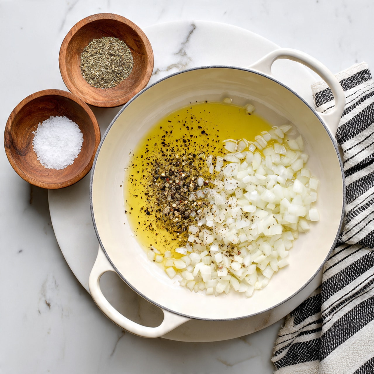 A white pan with two handles is placed on a white marbled surface. Inside the pan, there is a layer of light golden oil covering half of the bottom. On the other side, there are chopped white onions with some black pepper sprinkled on top, showing a mix of white and black colors. Next to the pan, on the marble surface, are two small wooden bowls, one filled with coarse white salt and the other with ground black pepper. A black and white striped cloth is partially visible on the right edge of the image. Photo taken with an iphone --ar 4:5 --v 7