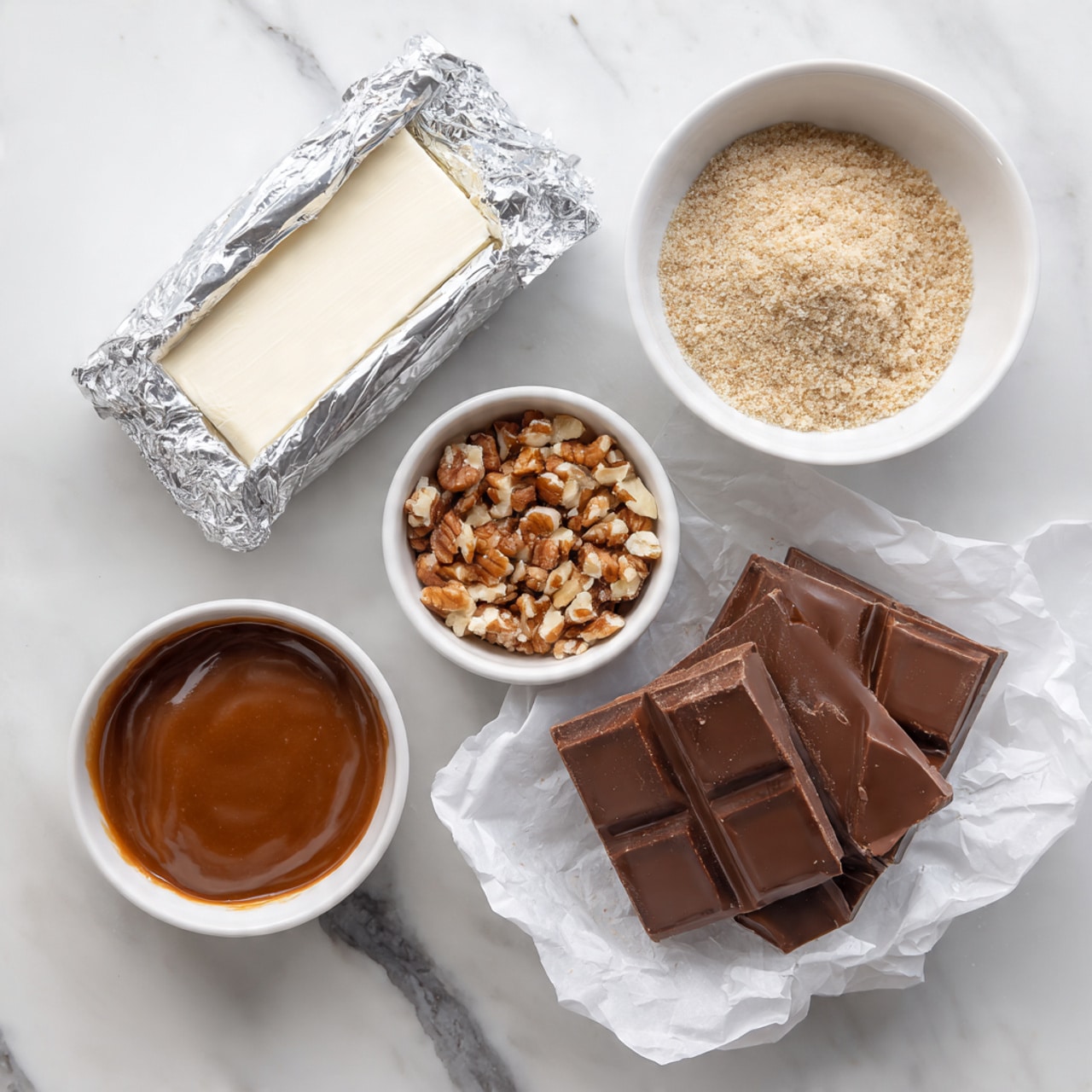 The image shows five ingredients placed on a white marbled surface. On the top left, there is a silver wrapped block of cream cheese; to the right of it is a white bowl filled with light brown, fine crumbs. Below the cream cheese, a small white bowl contains a smooth, glossy brown sauce, and next to it, another small white bowl holds coarsely chopped light brown nuts. On the bottom right, there are several dark brown chocolate bars stacked slightly overlapping, inside crumpled white parchment paper. Photo taken with an iphone --ar 4:5 --v 7