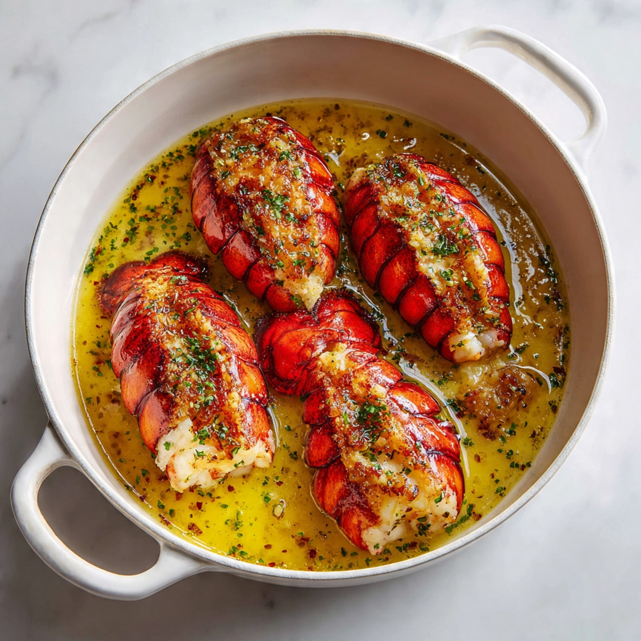 The image shows a white pot with four lobster tails inside, each vibrant red with grilled marks and a firm texture. The lobster tails sit in a shallow pool of golden-yellow butter sauce mixed with small pieces of sautéed garlic and herbs, giving a glistening and slightly oily look. The sauce spreads across the bottom of the pot with small bubbles and bits of seasoning floating, while the white pot has a clean, smooth interior and sturdy handles. The pot rests on a white marbled surface that contrasts softly with the warm colors of the lobster and butter sauce. photo taken with an iphone --ar 4:5 --v 7
