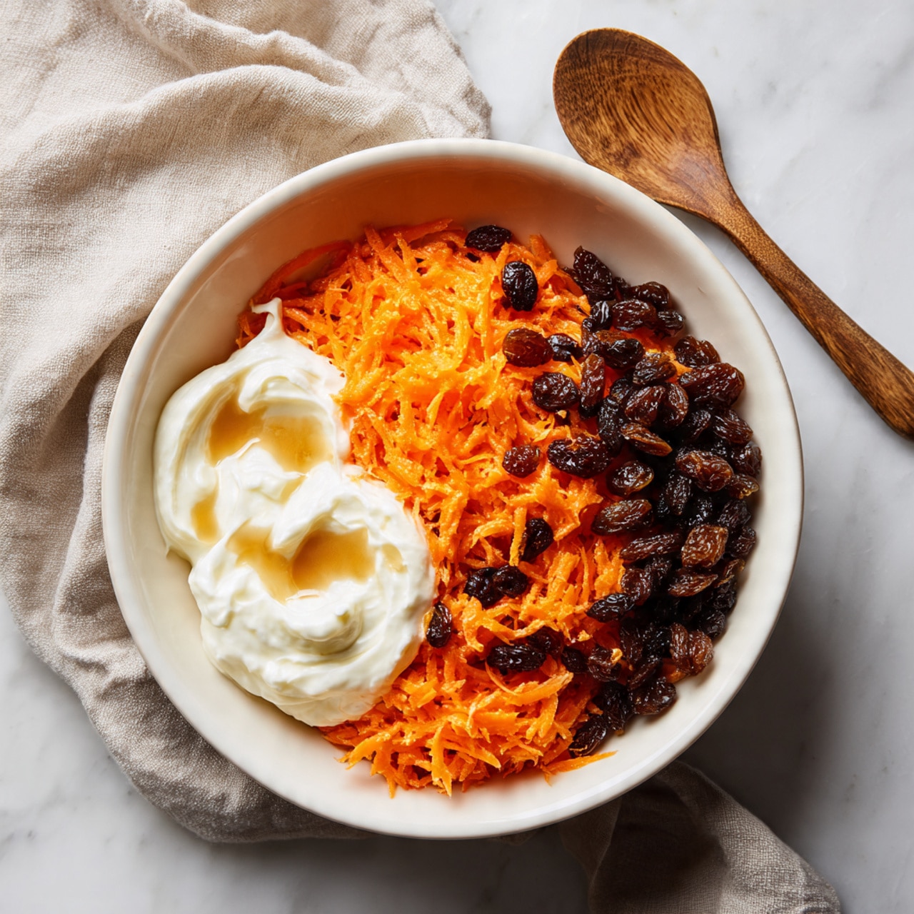 A white bowl on a white marbled surface contains grated orange carrots filling about half of the bowl with a pile on the right side, with a small pile of dark brown raisins placed to the top left inside the bowl. There is a large dollop of thick white cream close to the bottom left inside the bowl, and another smaller dollop of a lighter cream is near the top right side, slightly touching the carrots and raisins. A small pool of brown liquid is visible in the center on top of the grated carrots. A wooden spoon is placed to the upper left of the bowl, and a light beige cloth is loosely gathered to the lower right edge of the image. Photo taken with an iphone --ar 4:5 --v 7