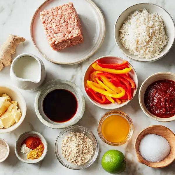 The image shows several bowls and plates on a white marbled surface, each holding different ingredients. At the top center, there is a white plate with a block of pale pink lean ground meat with a textured pattern. Below it, from left to right, there is a bowl of white rice, a small cup of dark red sriracha sauce, and a bowl with bright red and orange bell pepper strips. To the left of these, there is a small white jug of creamy white coconut milk. In the middle, there is a bowl filled with golden maple syrup. To the right, there is a clear bowl with dark red red curry paste. Below and to the left, a halved green lime sits next to a tan egg. Near the bottom left corner is a beige bowl with dark soy sauce. At the bottom center, a small clear container holds chunks of fresh ginger and garlic. To the right, a bowl is filled with light golden panko breadcrumbs. Finally, a small wooden bowl at the bottom right contains white salt. photo taken with an iphone --ar 4:5 --v 7