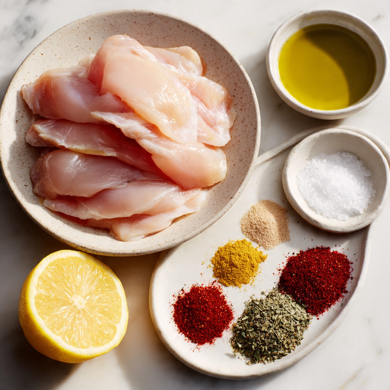 A white speckled plate holds several raw, pale pink chicken pieces layered on top of each other with smooth and moist texture. Below the plate, a bright yellow lemon is cut in half, showing juicy, fresh segments. Next to the lemon is a small white bowl with neatly arranged spices in six sections: red paprika and chili powder, green dried oregano, basil, and dill, beige garlic powder, and white salt. A small white bowl with dark olive oil sits nearby. All items rest on a white marbled surface. Photo taken with an iphone --ar 4:5 --v 7