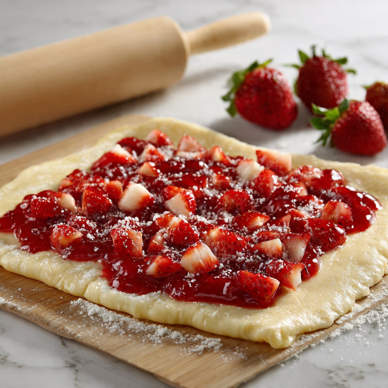 The image shows nine round, yellow dough rolls with visible layers, filled with small pieces of red strawberries inside and on top, placed closely together in a white scalloped pie dish. The rolls are soft and slightly shiny, showing a spiral shape with chunks of strawberry peeking through the dough layers. In the background on the white marbled surface, three bright red strawberries with green leaves are slightly out of focus. The scene is bright and clean with soft natural light, focusing on the detailed texture of the dough and strawberries in the pie dish. Photo taken with an iphone --ar 4:5 --v 7