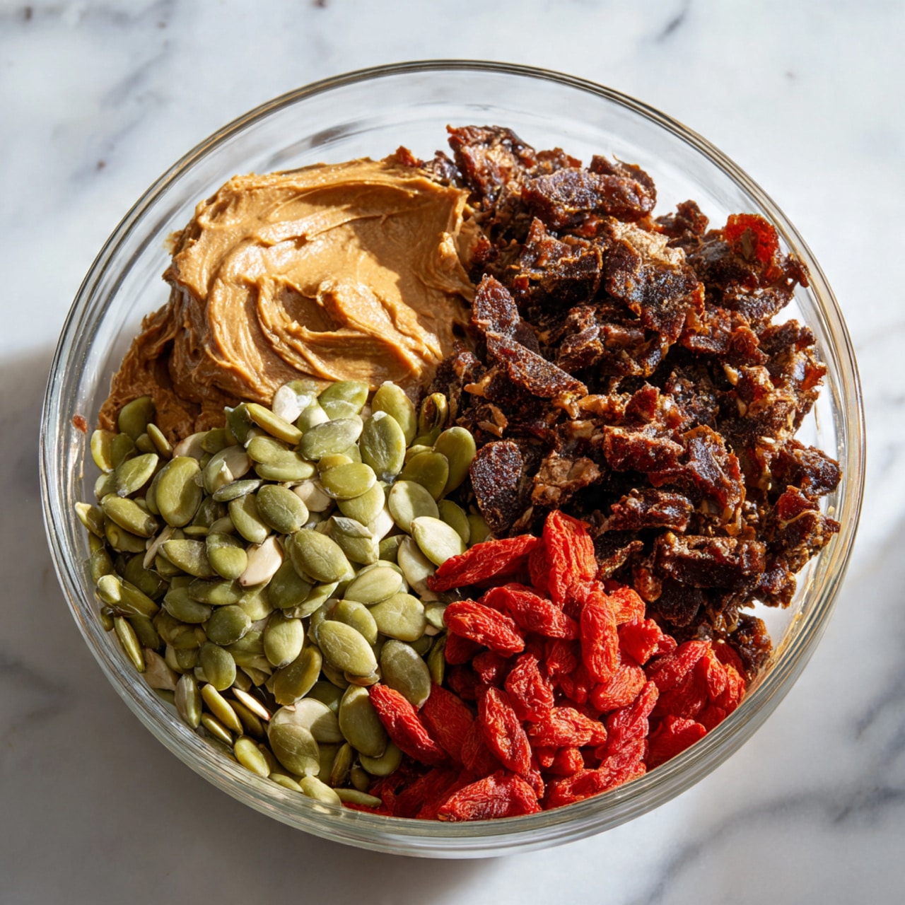 A clear glass bowl sits on a white marbled surface, filled with three main layers of ingredients. On the right side is a smooth, thick brown paste with visible texture variations. Next to it, in the middle to upper area, there are light green pumpkin seeds scattered loosely. On the top left side of the bowl, there is a large pile of dark, glossy chopped dried fruit creating a rough and uneven texture. Near the bottom of the bowl, partly under the dried fruit, is a small bunch of bright red dried berries that add a pop of color. photo taken with an iphone --ar 4:5 --v 7