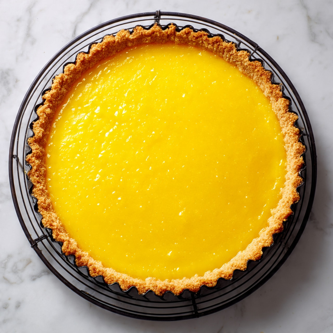 A round tart with one visible layer is shown, placed on a black metal cooling rack over a white marbled surface. The outer crust is light brown with a textured, crimped edge all around, looking crispy. Inside the crust, there is a smooth, bright yellow filling evenly spread, with a glossy finish and no decorations on top. The tart is centered in the image with soft light enhancing the colors. Photo taken with an iphone --ar 4:5 --v 7