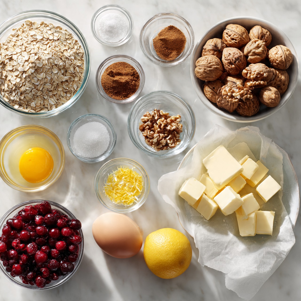 A round pie crust made of oats and nuts is in a dark metal pie pan, with a rough textured surface showing a golden brown mix of oats pressed evenly to form the base and edges, which appear crisp but crumbly. The pie pan is placed over a crumpled light beige cloth with some fresh red cranberries scattered nearby. To the upper left, a glass jar filled with bright red cranberries sits partially out of frame, all on a white marbled surface. Photo taken with an iphone --ar 4:5 --v 7