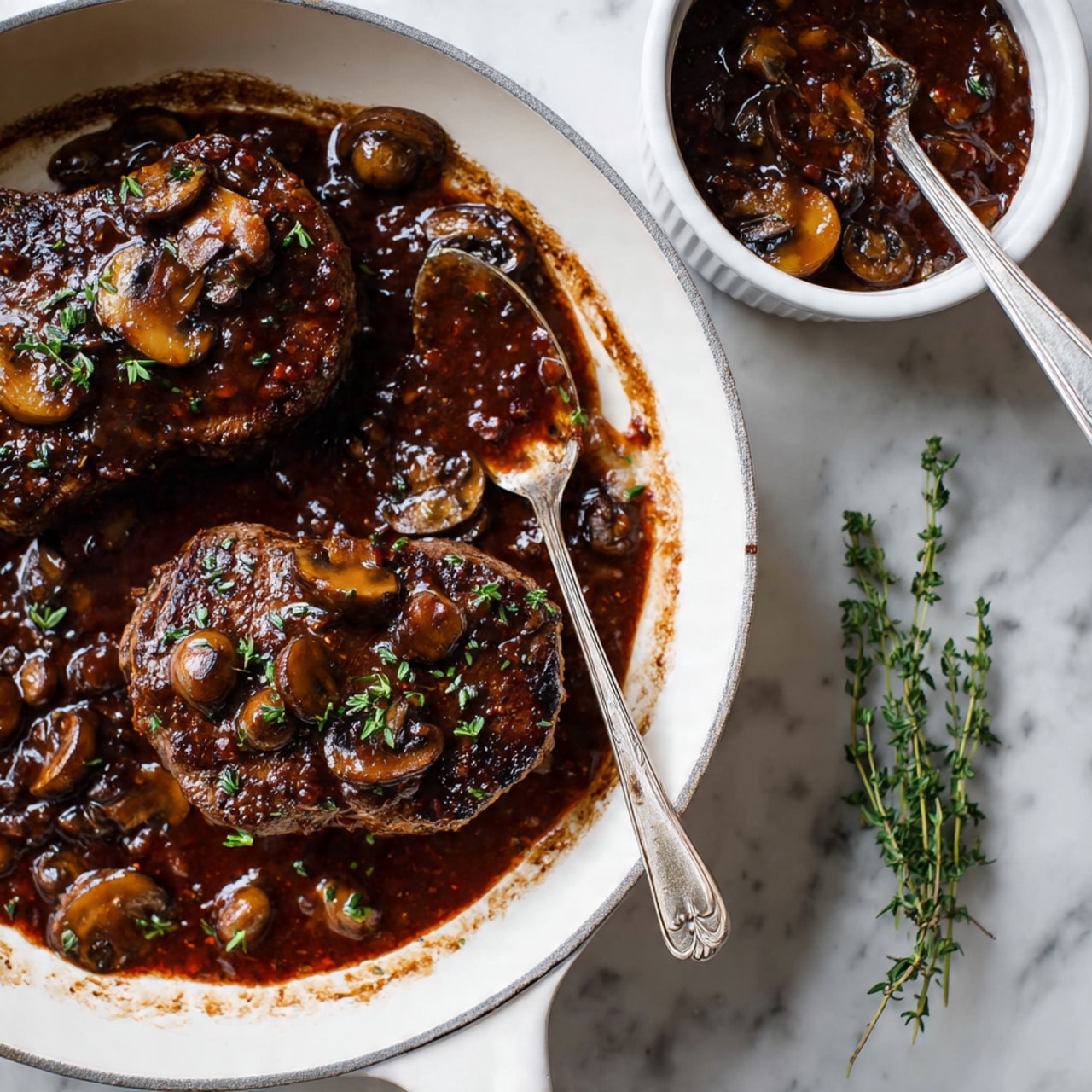 Three small white tortillas lie flat on a white round plate, each topped with two dark brown slices of grilled meat. On top of the meat is a colorful mix of shredded vegetables including orange carrots, purple cabbage, and green herbs, adding bright pops of color. Above the plate to the left, a white plate holds several more slices of the grilled meat. To the right, a clear bowl filled with the shredded vegetable mix sits on a white marbled surface. A woman's hand with a spoon is scooping some of the vegetable mix from the bowl. A white cloth with black stripes is partially visible at the bottom of the image. The photo taken with an iphone --ar 4:5 --v 7