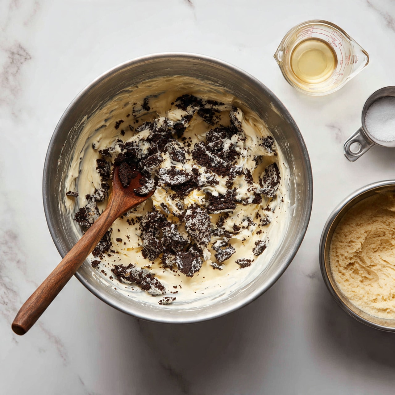 A large silver mixing bowl contains a creamy white mixture with dark brown crumbled cookie pieces being stirred together with a wooden spoon. To the right, there is a small metal bowl with some thicker beige batter and a mixing attachment resting inside, and above that is a clear measuring cup with a small amount of liquid inside. The scene is set on a white marbled tile surface. photo taken with an iphone --ar 4:5 --v 7