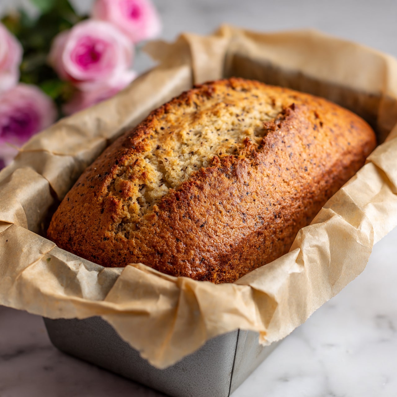 The image shows a freshly baked loaf of bread in a metal loaf pan lined with brown parchment paper. The bread is golden brown with a slightly cracked top and visible specks, giving it a textured look. Behind the loaf, there are blurred pink and purple roses adding a soft, floral background. The loaf pan rests on a surface with a white marbled texture. photo taken with an iphone --ar 4:5 --v 7