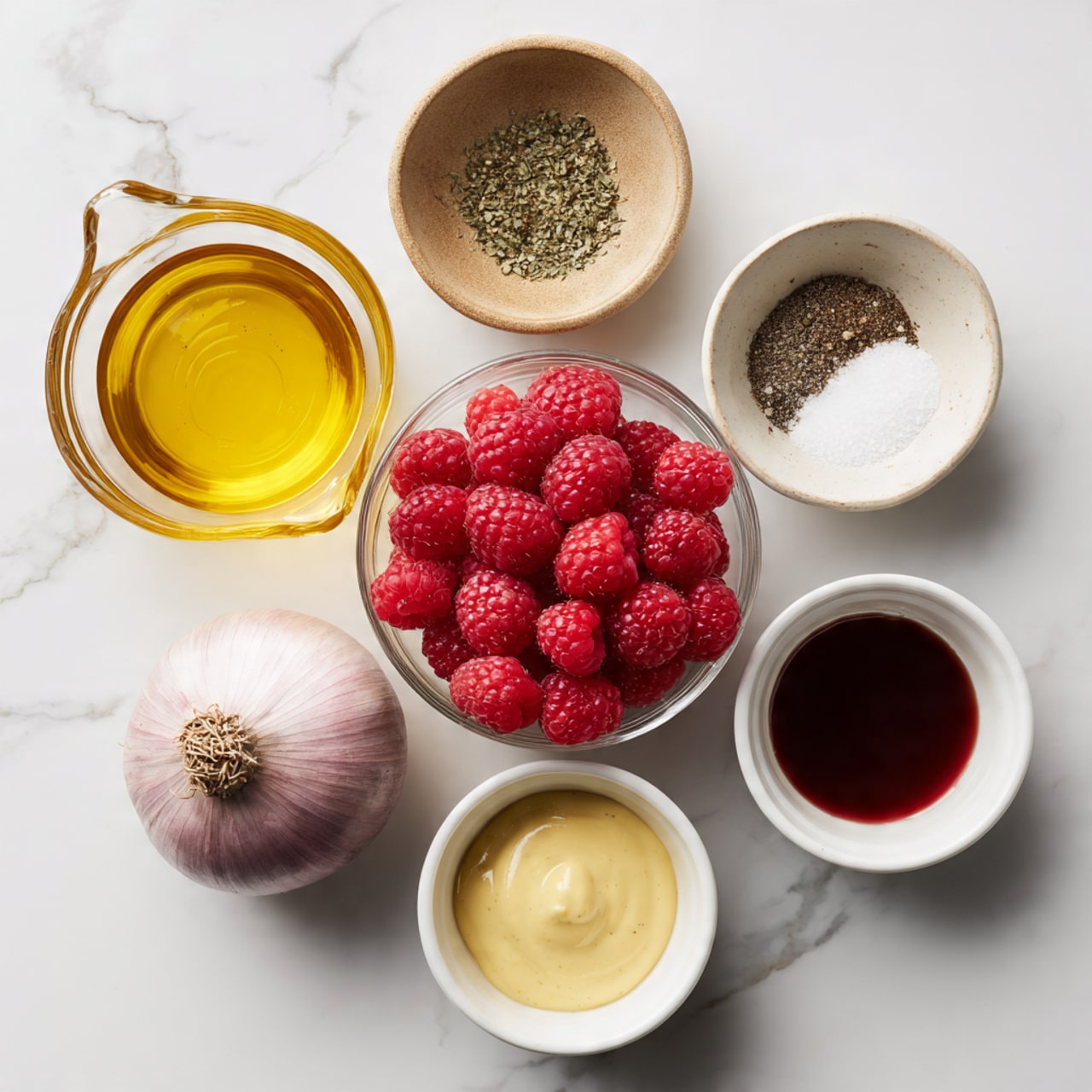The image shows six ingredients placed on a white marbled surface. In the center, there is a glass bowl filled with bright red raspberries. Above it to the left, a clear glass measuring cup holds golden yellow olive oil. To the right of the olive oil, a small white bowl contains honey with a smooth light golden color. Above the raspberries and slightly right, an earth-toned bowl holds a half circle of white salt and a half circle of crushed black pepper. Below the raspberries and to the left is a whole shallot with a light purple skin. To the right of the shallot, a white bowl holds creamy pale yellow Dijon mustard. Below these, a white bowl at the bottom contains deep red wine vinegar. All containers and ingredients are neatly arranged and clearly visible photo taken with an iphone --ar 4:5 --v 7