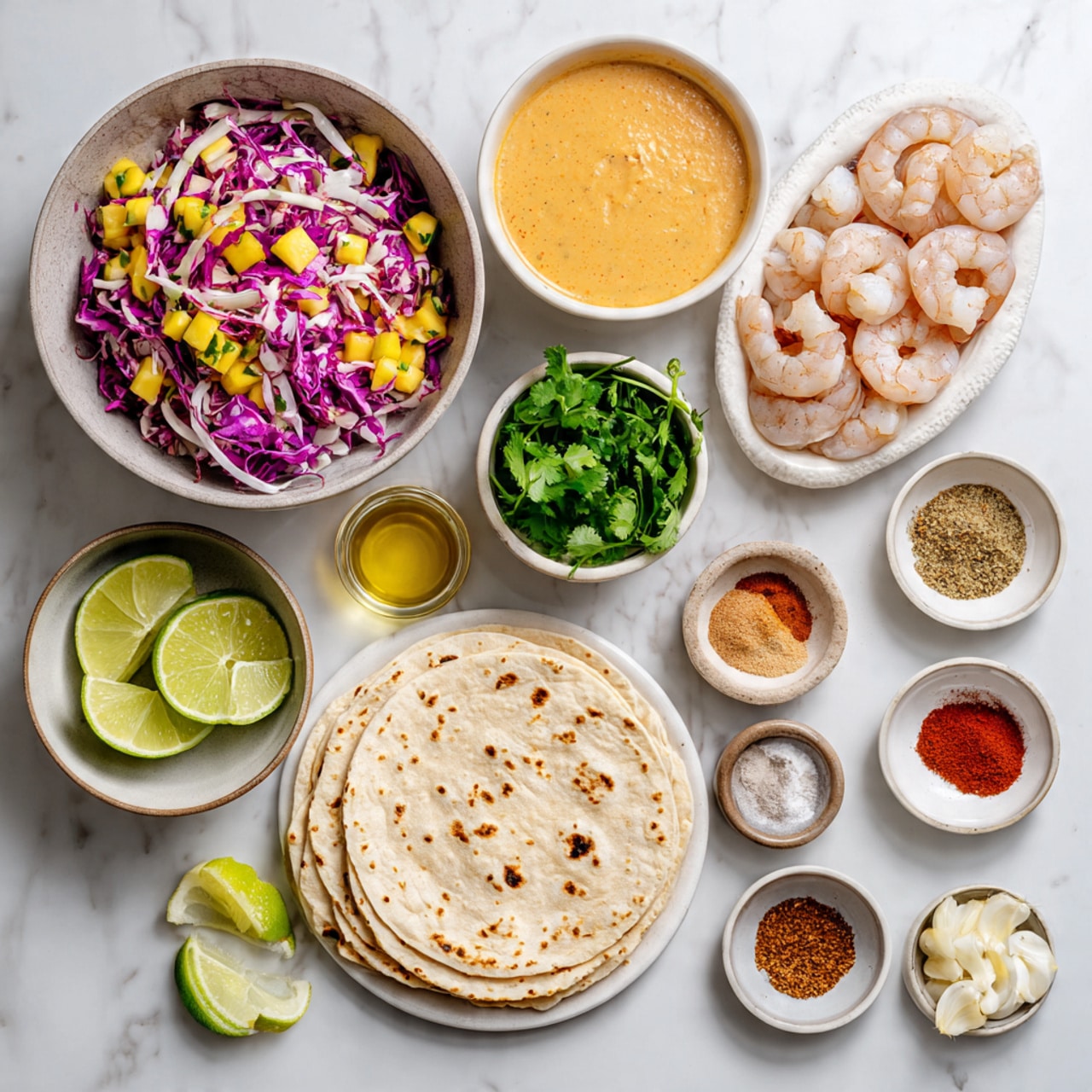 The image shows a flat lay of various ingredients on a white marbled surface, arranged neatly. At the top left, there is a bowl filled with colorful mango cabbage slaw made of purple and white cabbage and bright yellow mango pieces mixed with green herbs. To the right, there is a bowl of spicy crema, smooth and creamy light orange in color. Below these, a bowl with fresh green cilantro leaves and another bowl holding lime wedges are placed side by side. At the center right, a larger bowl holds peeled, raw shrimp in a light beige tone. Below, a white plate holds a stack of soft tortillas with light brown spots. Around these main bowls and plate, there are small bowls and dishes with powdered spices in red, golden, and brown shades labeled chili powder, cumin, smoked paprika, onion powder, and cayenne pepper, plus small bowls of salt and black pepper. Additionally, there is a small dish with minced garlic and two small containers with olive oil and lime juice. Everything is clearly labeled and set on the clean white marbled surface. Photo taken with an iphone --ar 4:5 --v 7