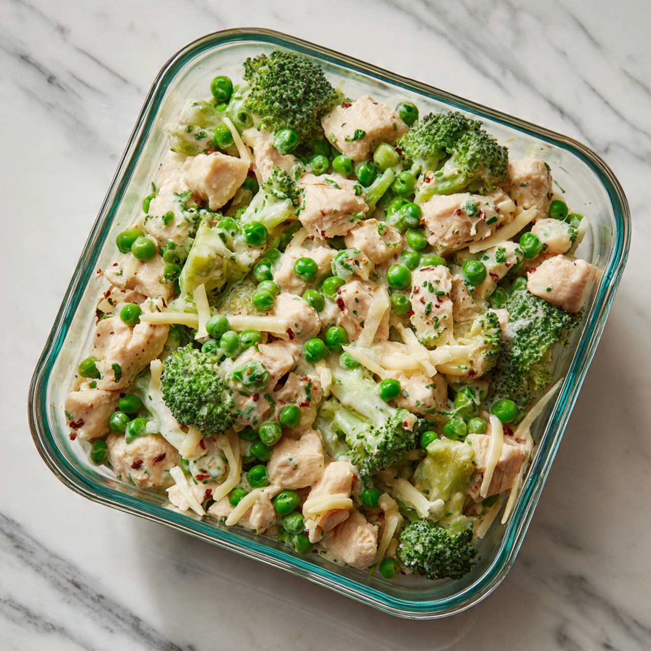 The dish is shown in a clear glass square baking dish filled with a mix of broccoli florets, small light tan pieces of chicken, bright green peas, and thin strands of orange-yellow cheddar cheese, all coated lightly in a creamy white sauce. The broccoli pieces have a rough texture with small bud clusters, while the chicken chunks are soft and uneven in shape, scattered evenly throughout. The peas add round, smooth spots of color among the more textured ingredients, and the cheese strands are thin and slightly curly, weaving through the other elements, giving a colorful and fresh look to the mix. The dish sits on a white marbled surface. photo taken with an iphone --ar 4:5 --v 7