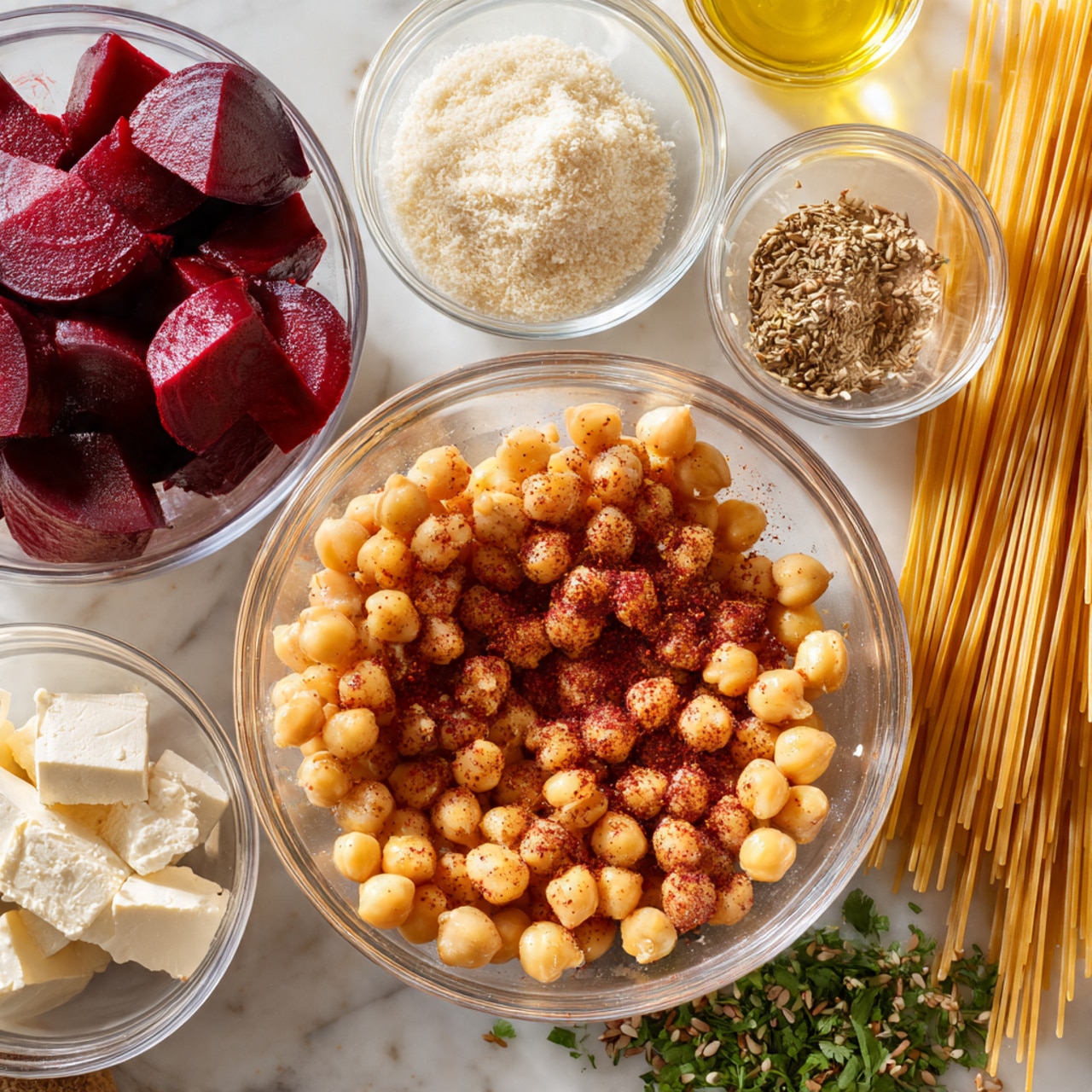 A round white bowl filled with a single layer of small, golden roasted chickpeas that have a slightly rough texture and some darker browned spots, resting on a piece of crinkled white parchment paper inside the bowl. The bowl sits on a white marbled surface with scattered black pepper and specks around it. To the sides are parts of other white dishes containing a bright pink creamy sauce, green leafy herbs, and a pale yellow lemon wedge. Photo taken with an iphone --ar 4:5 --v 7