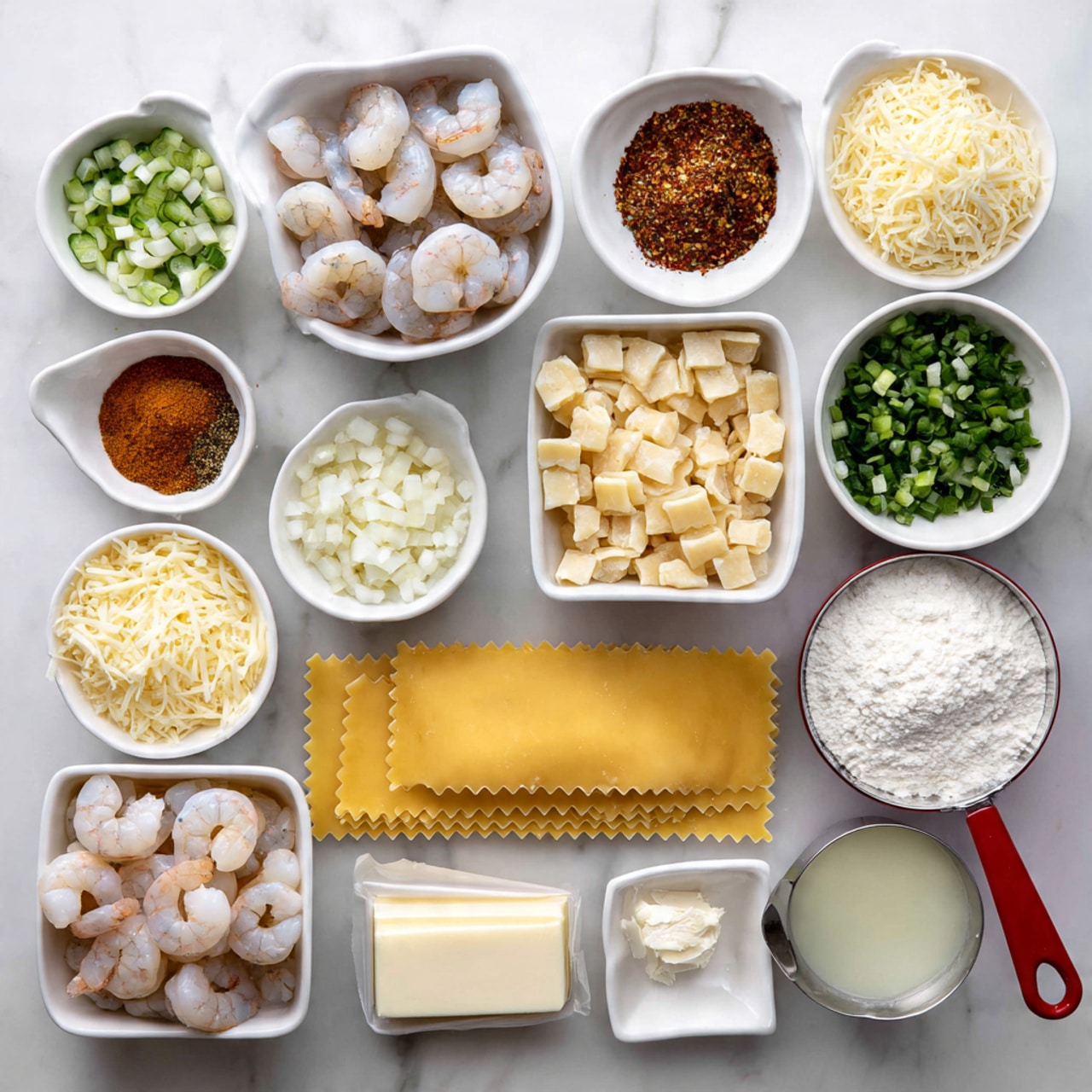 The image shows small white bowls and a white measuring cup placed on a white marbled surface, each filled with different ingredients for cooking. There is a single long, flat, yellow pasta sheet with ruffled edges placed horizontally at the bottom. Surrounding it are bowls of raw white shrimp, chopped white onions, green chopped herbs, small green chopped vegetables, minced white garlic, small cubes of white and pink seafood, white shredded cheese, grated pale yellow cheese, and small white powder. Small bowls contain brown and orange spices, a white stick of butter in its paper wrapper, a clear liquid, white flour, and a white creamy liquid in the measuring cup with red handles. The ingredients are organized neatly in rows, all in clear or white bowls. Photo taken with an iphone --ar 4:5 --v 7
