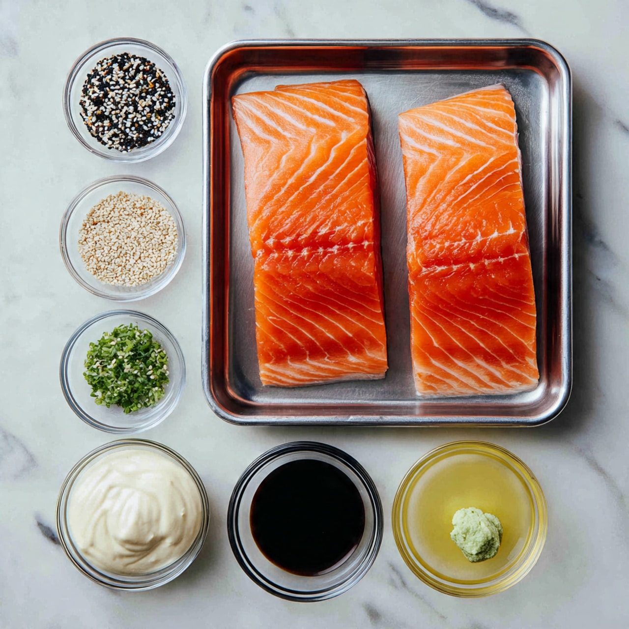 Two raw salmon fillets with bright orange color and white veins lie flat side by side in a shiny metal tray at the top center of the image. Below the tray, arranged in two rows on a white marbled surface, are six small white or clear glass bowls with different ingredients: black and white sesame seeds mixed with green flakes in a glass bowl on the top left; white creamy mayo in a glass bowl center; dark soy sauce in a glass bowl on the top right; light yellow liquid in a white bowl at bottom left; white powder salt in a glass bowl center bottom; and a small green dollop of wasabi paste in a white bowl at bottom right. Photo taken with an iphone --ar 4:5 --v 7