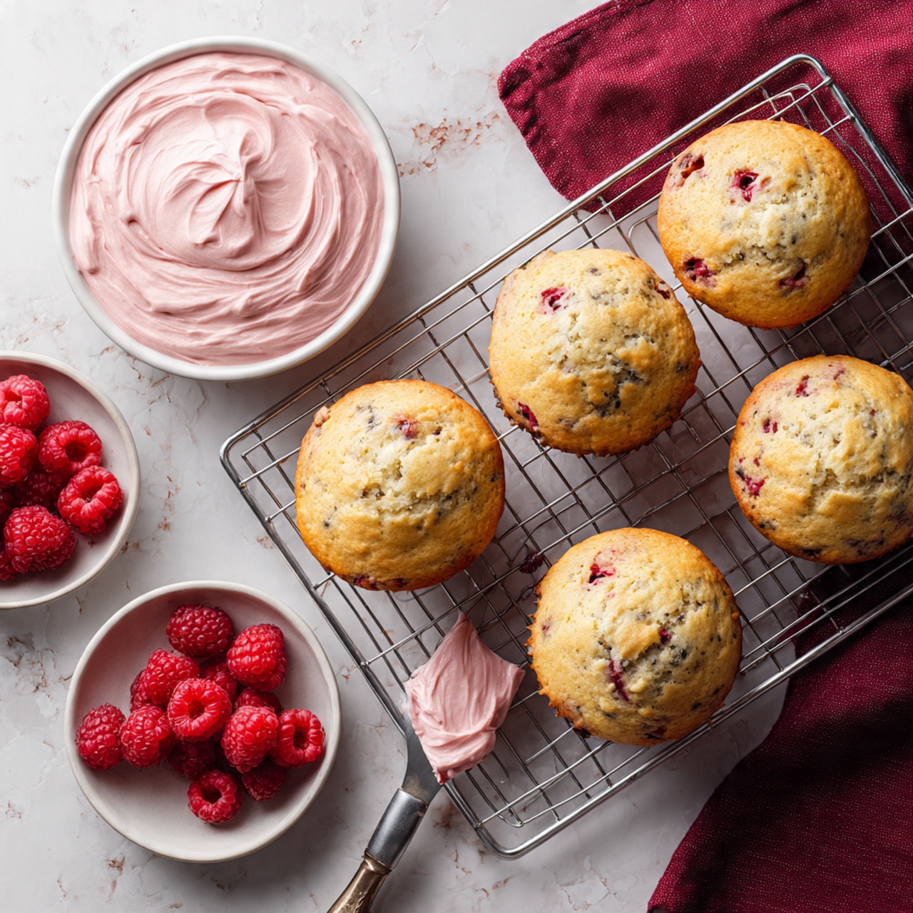 The image shows six golden-brown muffins with visible red berry pieces inside, arranged on a silver cooling rack. To the top left is a large white bowl filled with smooth, thick pink frosting. A knife with some of the pink frosting on its blade rests on the cooling rack next to the muffins. Below the rack is a small white bowl filled with fresh red raspberries. The whole scene is set on a white marbled surface with a red cloth partially visible in the top right corner. photo taken with an iphone --ar 4:5 --v 7