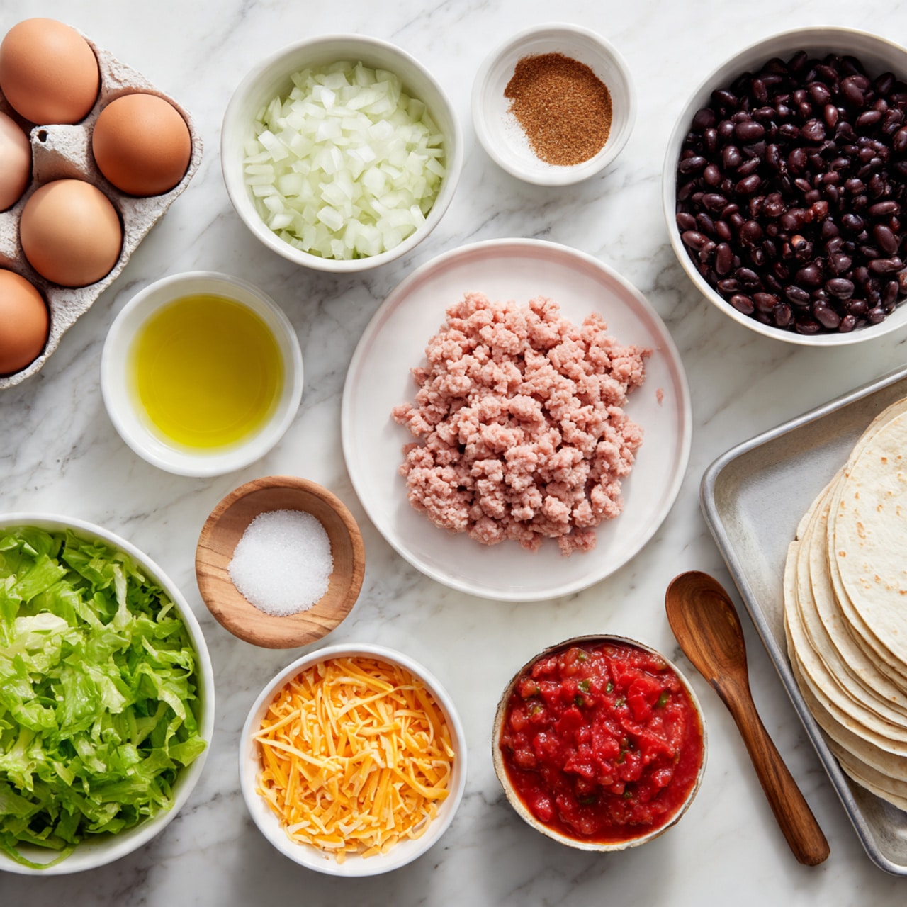 A collection of ingredients neatly arranged on a white marbled surface: a carton of six brown eggs on the left, a white bowl filled with finely chopped sweet white onion towards the center bottom, a white bowl with bright red chopped bell pepper near the center top, and a flat white plate with a block of pink ground turkey on the right. There is a white bowl with shiny black beans and another white bowl with red salsa, both near the middle right side. A small white dish holds golden olive oil, and a small white bowl contains light brown taco seasoning powder. A pile of fresh green chopped lettuce is in a white bowl at the bottom left, and shredded orange cheddar cheese rests in a white speckled bowl near the bottom center. On the right, a tray holds a neat stack of round white tortillas. A small wooden spoon filled with white salt is also visible on the left side. The photo taken with an iphone --ar 4:5 --v 7