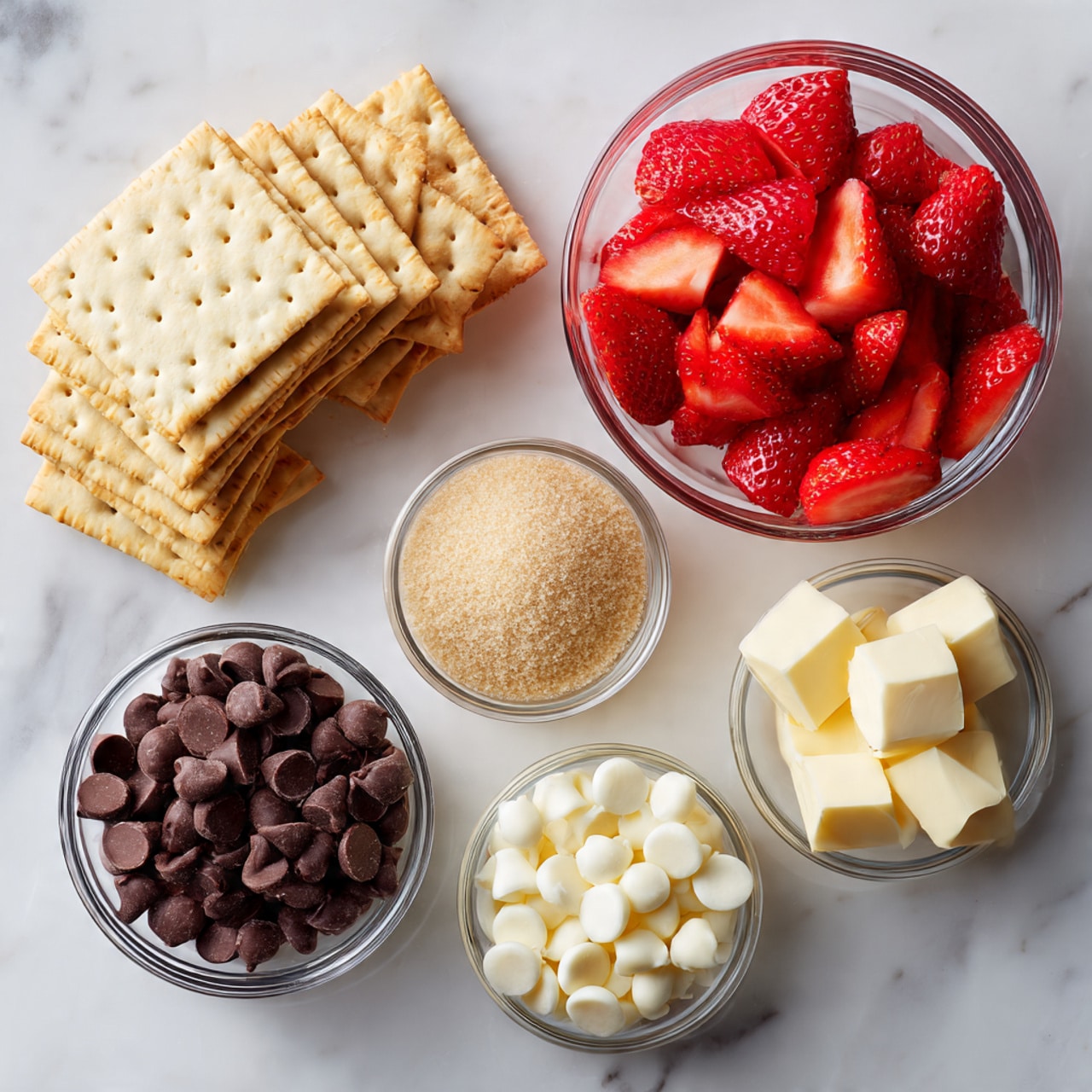 A large rectangular dessert sits in a foil-lined baking tray, with a rich, smooth layer of milk chocolate spread evenly on top. Swirled through the chocolate, there are white chocolate streaks creating a marbled pattern across the entire surface. Scattered generously over the swirls are small pieces of fresh, bright red strawberries, cutting through the smoothness with a textured contrast. The tray is placed on a white marbled surface with some whole strawberries and a woman's hand holding a knife blurred in the background. photo taken with an iphone --ar 4:5 --v 7