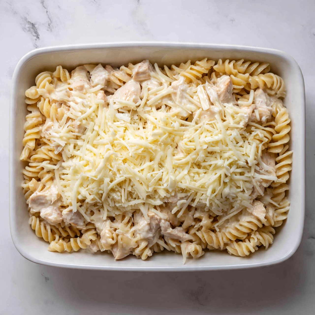 A white rectangular baking dish filled with a creamy pasta mix. The bottom layer shows light beige rotini pasta mixed with chunks of pale cooked chicken. On top of this, a creamy white sauce coats the pasta and chicken, blending together smoothly. The final layer is a sprinkling of shredded white cheese scattered evenly across the surface, ready to be baked. The dish sits on a white marbled surface. photo taken with an iphone --ar 4:5 --v 7
