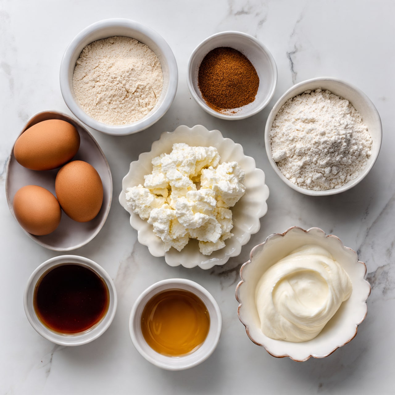 A flat lay of seven small white bowls and a white plate on a white marbled surface, each holding different ingredients: one bowl has light beige flour with a powdery texture, another bowl contains white baking powder and brown cinnamon powder side by side; a small curved bowl holds dark brown vanilla liquid; a round white plate with a scalloped edge carries two brown eggs with smooth shells; a bowl filled with white chunky full fat cottage cheese shows soft curds; a small bowl has a creamy white almond milk; and another bowl holds amber maple syrup with a shiny surface. Each ingredient is clearly labeled in simple black text. Photo taken with an iphone --ar 4:5 --v 7