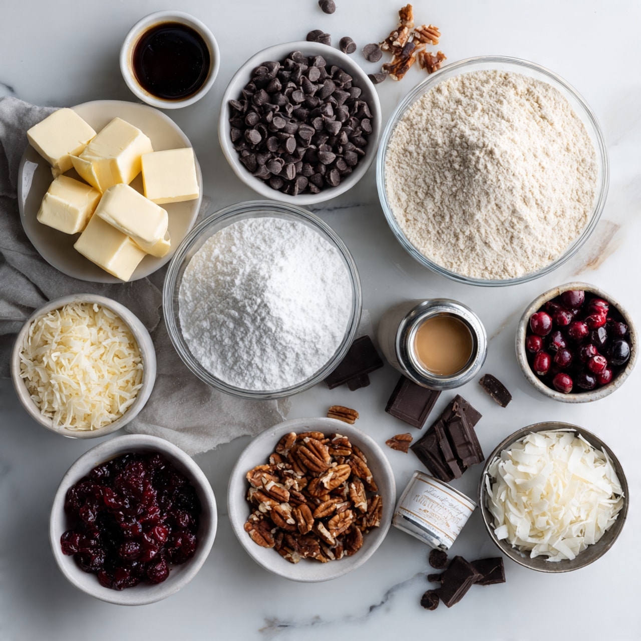 The image shows a wooden board topped with 16 square dessert bars arranged in a 4x4 grid. Each bar has three visible layers: a light brown crisp base, a thick smooth layer of white chocolate in the middle, and a top layer richly covered with dark round chocolate chips, deep red dried cranberries, shredded white coconut, and small brown pecan pieces. Some toppings spill slightly off the bars onto the board. The texture contrasts between the smooth chocolate, chewy cranberries, crunchy pecans, and soft coconut shreds create a colorful and appetizing look. photo taken with an iphone --ar 4:5 --v 7