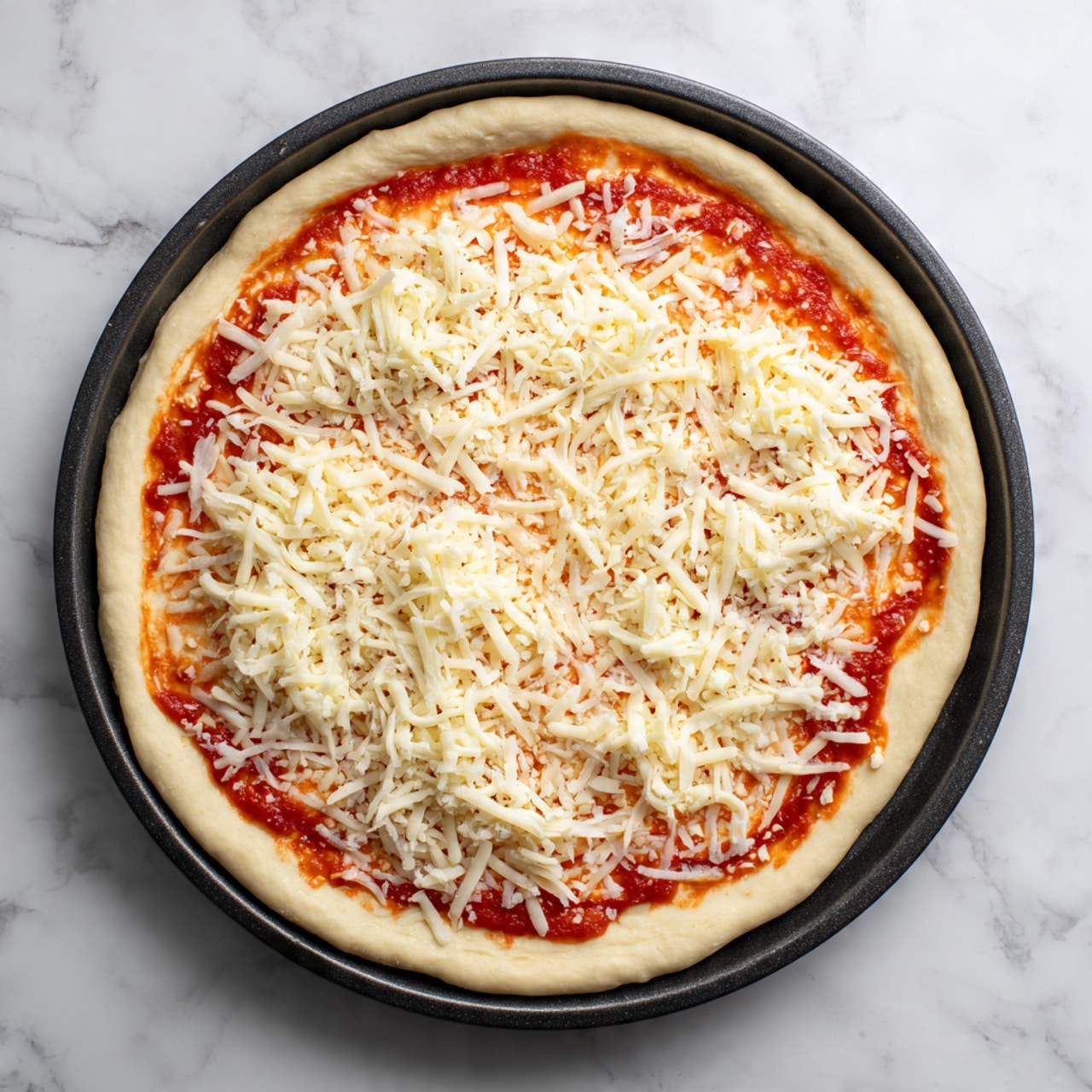 A round pizza dough base with a light beige color and a smooth texture is spread on a dark pan. On top, there is one even layer of bright red tomato sauce, covering almost all of the dough except the edges. Over the sauce, there is a scattered layer of shredded white cheese, spread unevenly and leaving some areas less covered. The pizza is on a white marbled surface. Photo taken with an iphone --ar 4:5 --v 7