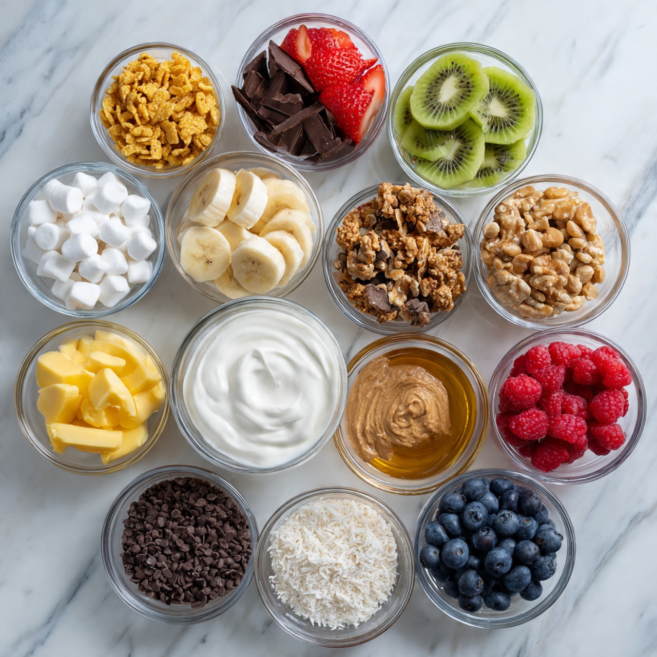 The image shows many small clear glass bowls placed on a white marbled surface, each filled with different ingredients. From top left going clockwise, there are golden Catalina Crunch cereal pieces, dark brown chocolate-flavored cereal pieces, sliced red strawberries, slices of banana, kiwi slices mixed with yellow pineapple chunks, light brown peanut butter, dark brown granola, small white marshmallows, shredded white coconut, red raspberries, black chia seeds, mixed dark and white chocolate chips, fresh dark blueberries, light yellow protein powder, a small bowl with golden honey, and a larger bowl in the center filled with thick white Greek yogurt. All ingredients are clearly visible and separated in their bowls, showing a wide range of colors and textures. Photo taken with an iphone --ar 4:5 --v 7