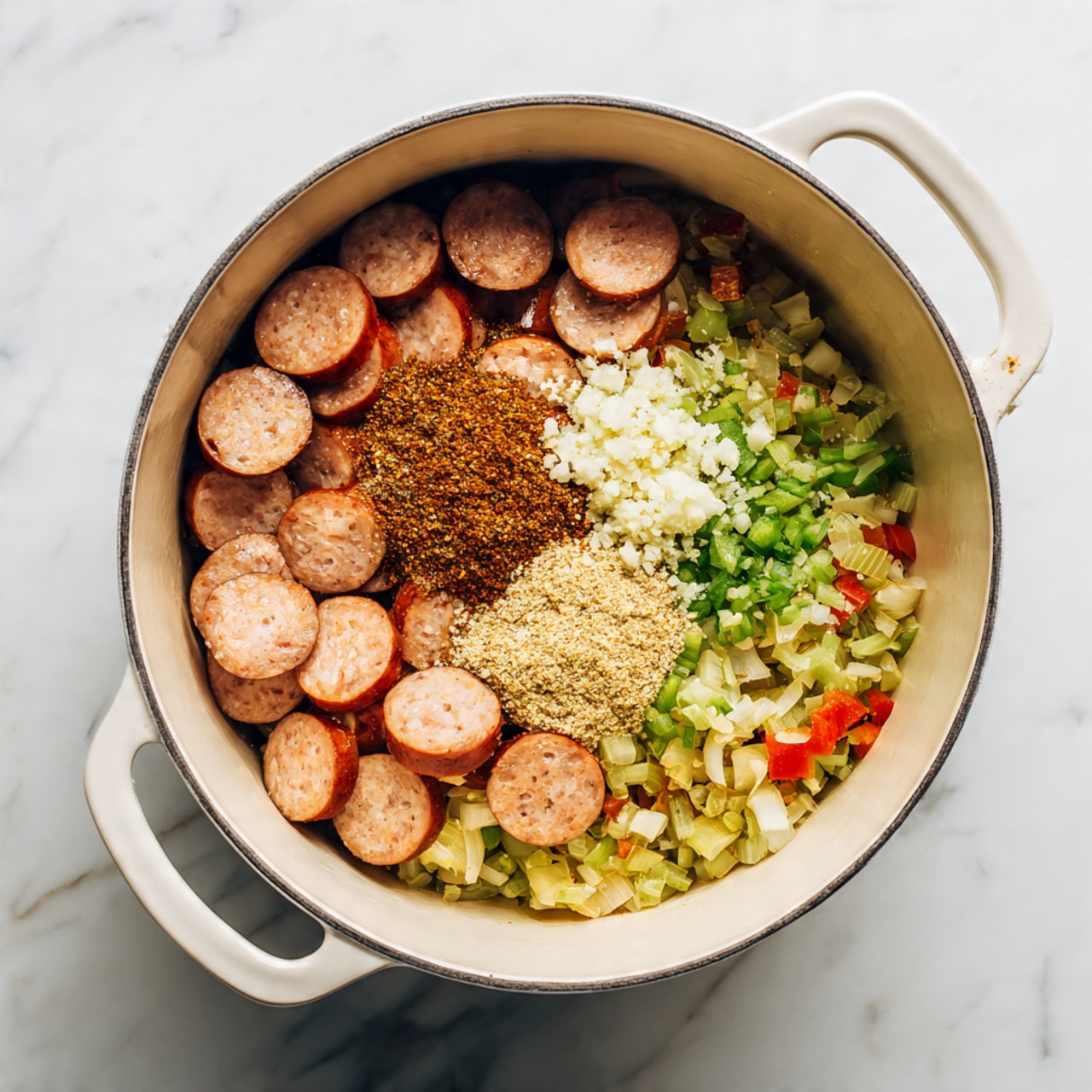 A white round pot with two handles is placed on a white marbled surface. Inside the pot, on the right side, there is a base layer of finely chopped vegetables including light green, red, and yellow pieces. On top of the vegetables, there are two brownish spice piles placed close together. To the left of the spices, a small mound of finely minced white garlic rests on the vegetable layer. The left half of the pot is covered with evenly sliced sausage rounds, light brown on the outside and pale pink inside, spread in a neat layer. The overall look is a mix of warm earthy tones and fresh vegetable colors. photo taken with an iphone --ar 4:5 --v 7