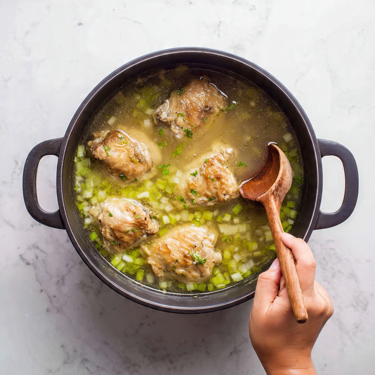 A black pot filled with clear broth containing four large pieces of light beige cooked chicken skin on top, with small chopped pieces of white onions and green celery dispersed throughout the soup. There is also a wooden spoon resting inside the pot, partially submerged in the broth, held by a woman's hand. The pot is placed on a white marbled textured surface. Photo taken with an iphone --ar 4:5 --v 7