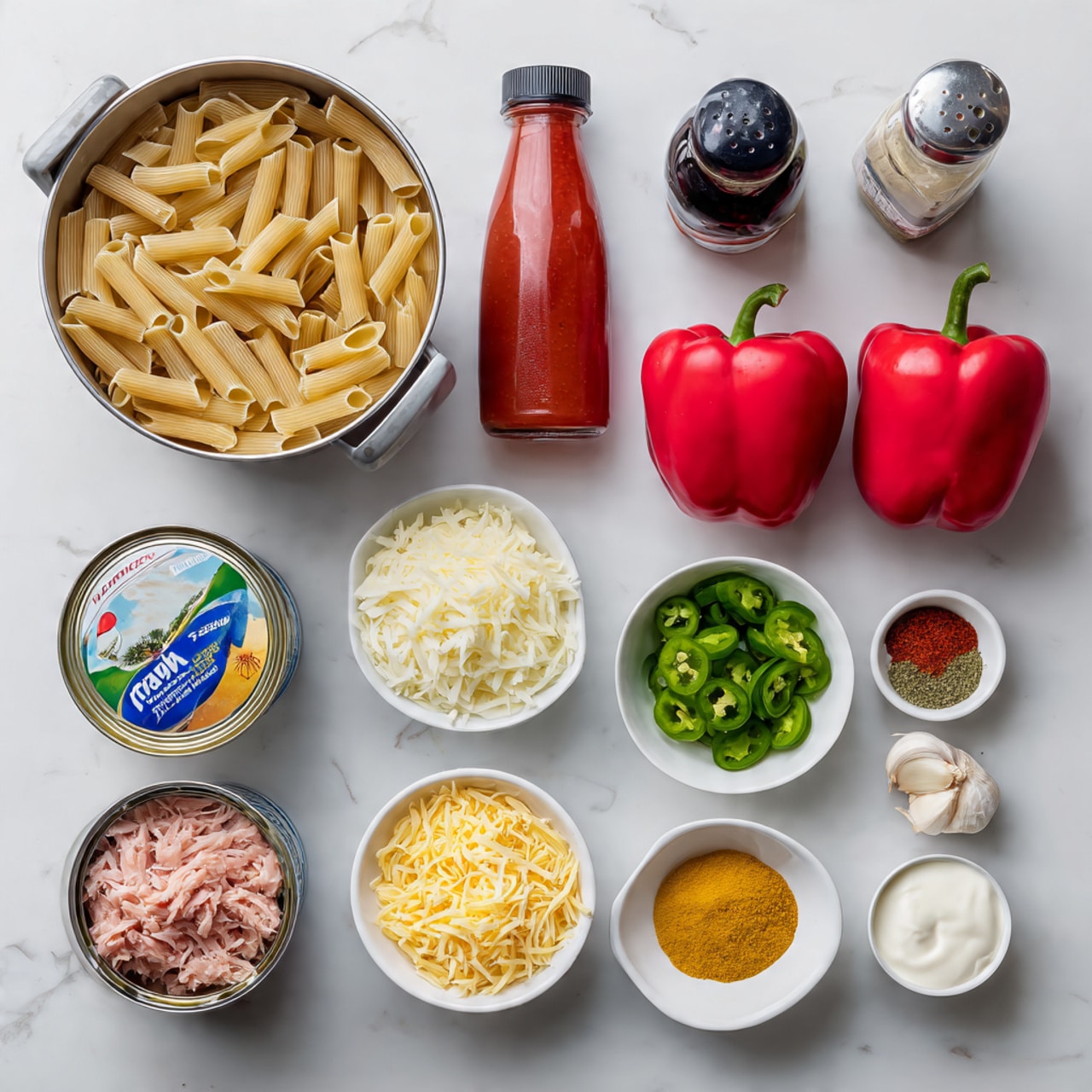 A top-down view of various cooking ingredients neatly arranged on a white marbled surface. At the center left, a pot filled with uncooked, beige tube-shaped pasta. To the right of the pot, two bright red bell peppers sit side by side. Above the peppers are three bottles: a tall red bottle of tomato sauce, a dark bottle of Worcestershire sauce, and a white container of fine sea salt. Below the bell peppers, there is a white bowl filled with shredded cheese, next to a small white bowl of sliced green jalapeño peppers. To the left, there are two open cans, one with tuna and the other with corn kernels. Below these are a white bowl of diced onions and three small white bowls containing yellow powder, red paprika powder, and dried herbs. There are also three garlic cloves on the bottom right, and near the cheese bowl are small white bowls with cream, yogurt, and oil. Photo taken with an iphone --ar 4:5 --v 7
