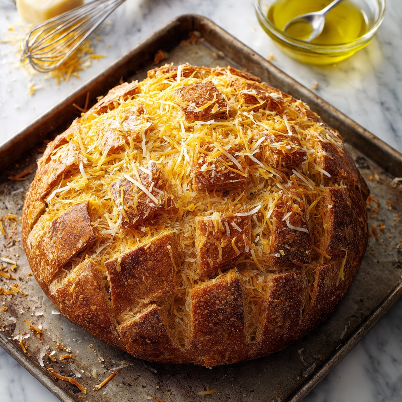 A round loaf of bread with a golden brown crust is shown on a worn metal baking pan. The loaf is scored in a grid pattern and baked until crispy, with many pieces slightly pulled apart. Bright orange shredded cheese is scattered generously on top and between the bread cuts, creating a textured, inviting look with rough, torn cheese layers. The background is a white marbled surface, and in the upper part of the image, a glass bowl with a yellow liquid and a whisk is visible. photo taken with an iphone --ar 4:5 --v 7