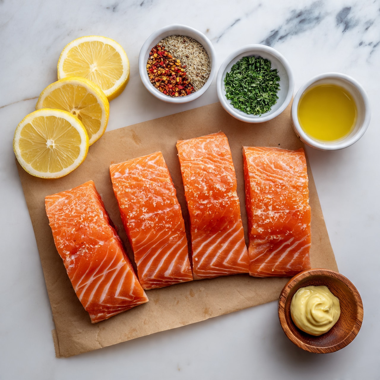 Four pieces of raw salmon with a bright orange color and visible texture lines are neatly laid out on brown parchment paper. To the left, three yellow lemon slices are placed on the white marbled surface. Above the salmon, there are three small white bowls: one contains a mix of spices in red, green, and beige colors; another holds a light yellow liquid, likely oil; and the third bowl on the left has finely chopped green herbs. Below and to the right of the salmon, a small wooden bowl contains a dollop of light yellow mustard. The whole setup is on a white marbled surface. Photo taken with an iphone --ar 4:5 --v 7