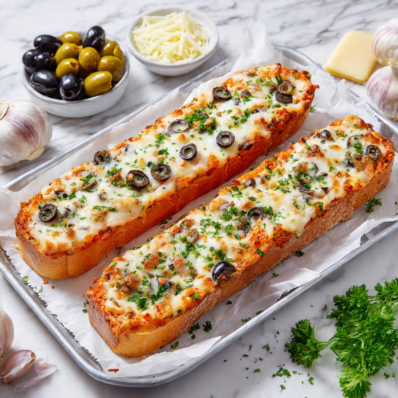 Two long slices of toasted bread sit on white parchment paper on a metal tray, each topped with three layers: a base layer of orange-red sauce with visible small bits, a middle layer of melted white cheese covering most of the surface, and a top layer of chopped green and black olives scattered evenly. The bread edges are golden brown and slightly crispy. Around the tray on a white marbled surface are a bowl of mixed green and black olives, a bowl with white shredded cheese, a bulb of garlic, and some green parsley leaves. Photo taken with an iphone --ar 4:5 --v 7