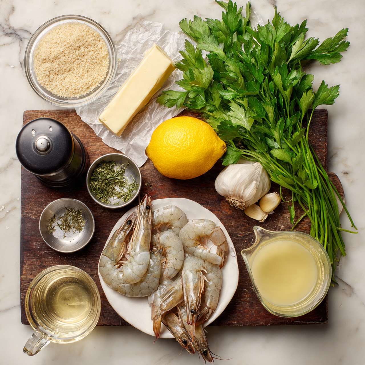 A white plate filled with many raw shrimp piled in the center, showing their greyish shell and pale flesh with tails attached, sits on the bottom right of a dark wooden cutting board. Surrounding the plate are several ingredients neatly arranged: a bunch of fresh green parsley on the top right, a bulb of white garlic next to a bright yellow lemon in the middle, two small metal bowls containing dried herbs and grated cheese to the right of the lemon, a stick of unsalted butter wrapped in paper above the lemon, a glass bowl filled with light brown breadcrumbs in the top left, a gray and black pepper grinder, a glass measuring cup with pale yellow lemon juice to the bottom left, and a glass container of light-colored cooking oil near the bottom left corner. The overall setting is on a white marbled surface. photo taken with an iphone --ar 4:5 --v 7