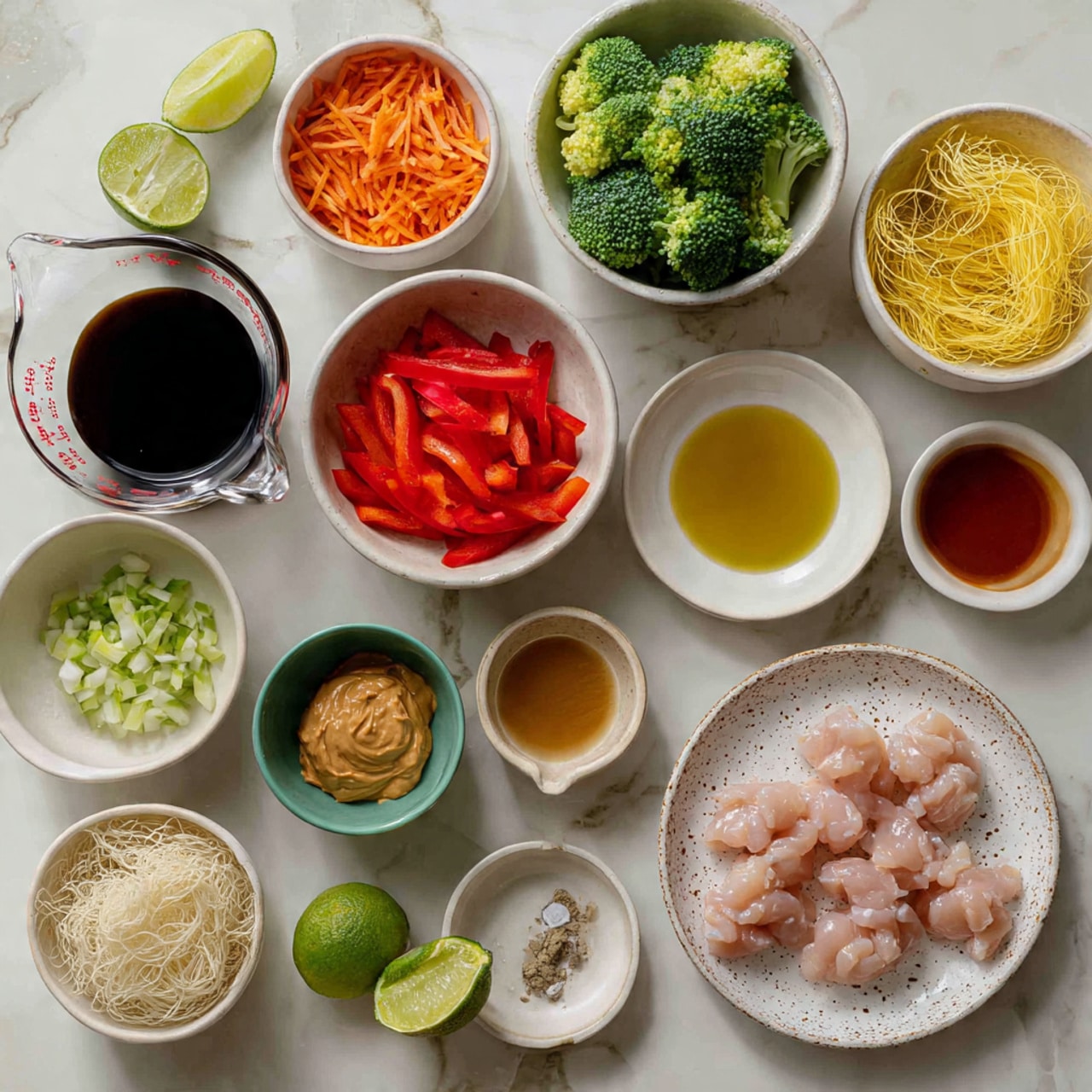A flat lay image showing various cooking ingredients arranged on a white marbled surface. Center right is a white speckled plate with small pink pieces of chicken. Above it, a white bowl holds green broccoli florets. To its left, there is a white bowl with red bell pepper strips. Below the chicken plate is a small white bowl filled with light orange peanut butter. Next to that are a small green bowl with minced garlic and a small white bowl with shredded bright orange carrots. To the far right lie pale yellow uncooked rice noodles. Near the top right are two small white bowls, one with a reddish sauce and the other with yellow olive oil. On the left side, a clear glass measuring cup holds dark soy sauce. Near the bottom left are two lime halves and a small white bowl with light brown maple syrup. A small green bowl with grated light yellow ginger is at the top left. A small white cup with rice wine vinegar is near the carrots. Photo taken with an iphone --ar 4:5 --v 7