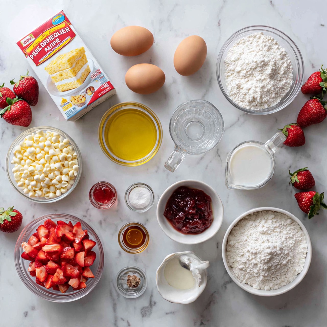 A round, yellow bundt cake slice sits on a white plate with a white marbled background. The cake has a moist, soft texture with small white bits inside showing a dense crumb. A thin layer of pink glaze is spread on top, slightly dripping down the sides, and it is topped with a fresh whole red strawberry with green leaves. In the background, there is a blurred white plate holding more cake slices. A close-up view focuses on the front slice, highlighting the moist interior and shiny glaze. Photo taken with an iphone --ar 4:5 --v 7