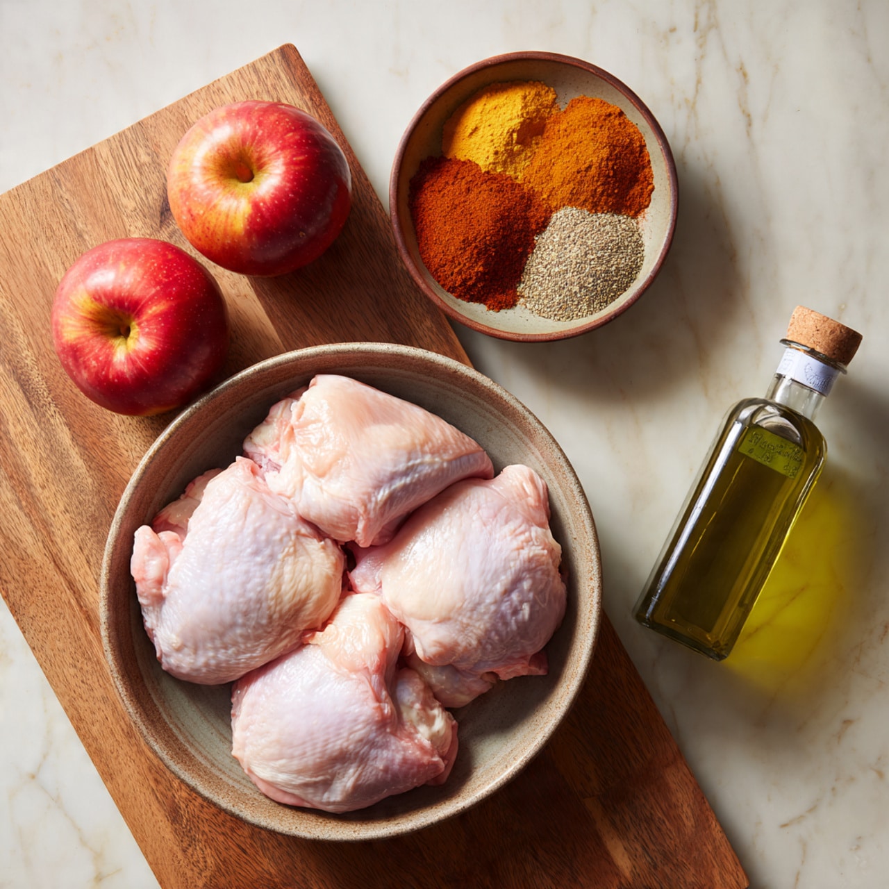 A top-down view of a wooden table with a large bowl at the center holding four raw chicken pieces showing pale pink skin and fat. To the left of the bowl are two shiny red apples placed on the wooden surface. Above the bowl is a small brown bowl with three kinds of ground spices in warm tones of orange, red, and light brown, arranged in separate sections. To the right of the bowl of chicken, there is a tall green bottle of extra virgin olive oil and a small spice container with a white label. The whole scene is set on a white marbled textured surface. photo taken with an iphone --ar 4:5 --v 7