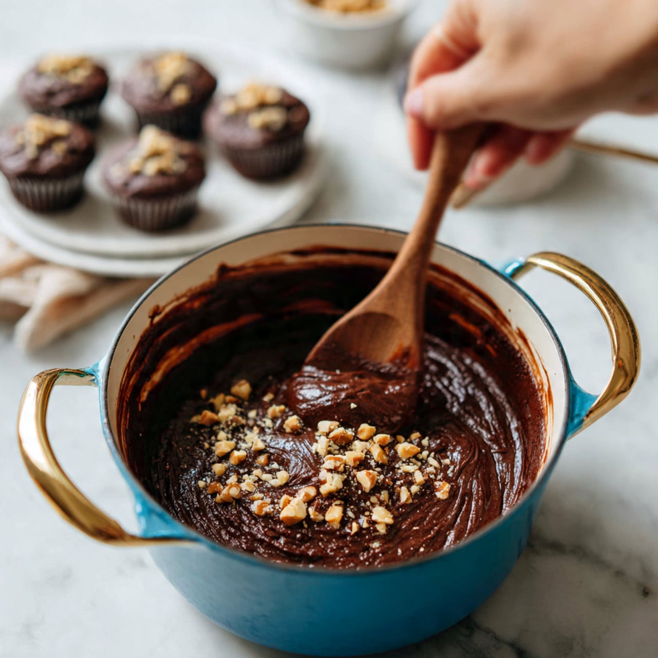 A blue pot with gold handles holds a thick dark brown chocolate mixture with some white powder sprinkled on top, being stirred by a woman's hand using a wooden spoon. In the background, there is a white plate filled with small round chocolate cake balls on a white marbled surface. Photo taken with an iphone --ar 4:5 --v 7