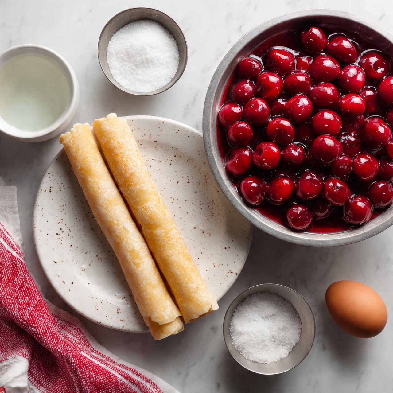 The image shows a white marbled surface with a white speckled plate holding two long, rolled light beige dough strips. Above the plate, there is a large metal bowl filled with bright red cherries in syrup, shiny and wet. Below the bowl are three small containers: a white cup with clear liquid, a metal bowl with coarse white salt, and a single brown egg. A red and white cloth is partly visible in the bottom left corner. photo taken with an iphone --ar 4:5 --v 7