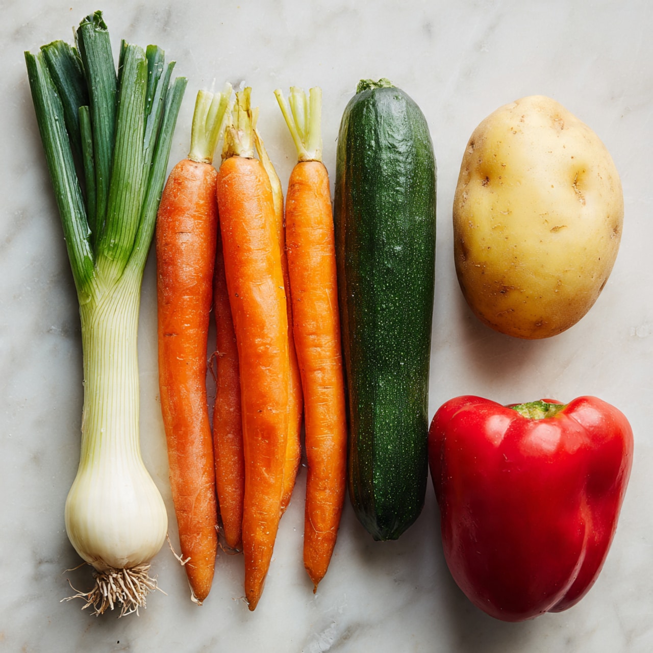 The image shows six fresh vegetables lying on a white marbled surface. From left to right, there is a white spring onion with green stalks at the top, three bright orange carrots with green leafy tops, a dark green cucumber with a shiny texture, a light yellow potato with a smooth skin, and a shiny red bell pepper with a curved shape. All vegetables look fresh, clean, and have vibrant colors. photo taken with an iphone --ar 4:5 --v 7