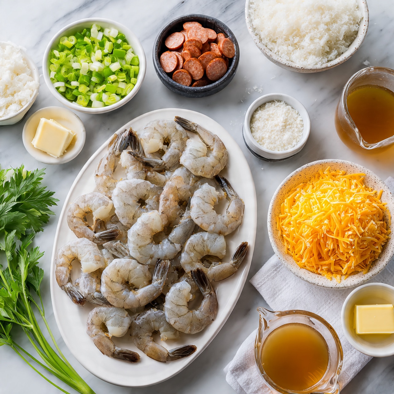 A white oval plate in the center holds about sixteen raw shrimp with pink and gray tones and dark tails spread loosely. Surrounding the plate are several white speckled bowls; one contains chopped white onions, diced green bell peppers, and celery, another is filled with shredded orange cheddar cheese, and a small bowl with reddish sliced sausage rounds. There are measuring cups with white rice, white flour, and cream, along with a small black bowl with a white powder, a small white cup with minced garlic, and a few pats of yellow butter on a white paper near the bottom center. Two clear glass measuring cups hold light brown broth, placed on a white marbled surface. Fresh green parsley leaves rest at the bottom left. The scene is brightly lit and clean. Photo taken with an iphone --ar 4:5 --v 7