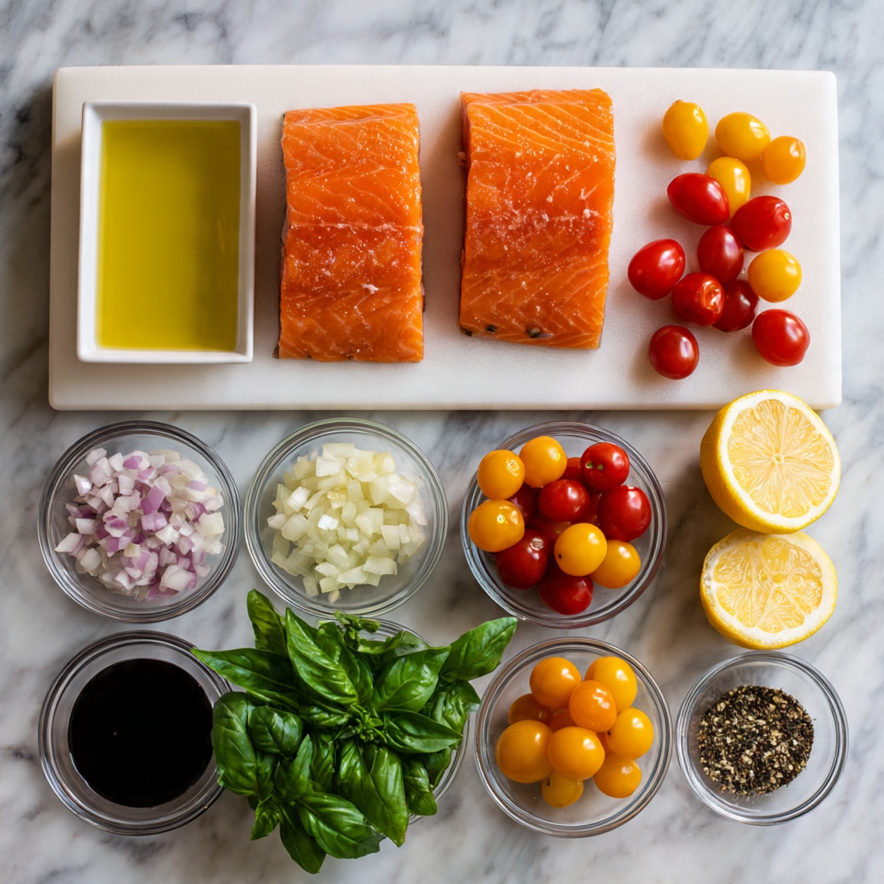 The image shows two square pieces of orange salmon placed side by side on a white cutting board at the top center. Below, there are small clear bowls arranged in a neat grid on a white marbled surface: from left to right, top to bottom—olive oil with golden yellow color, finely chopped shallots with light pink and white pieces, two whole white garlic cloves, a bunch of fresh green basil leaves, whole bright red cherry tomatoes, dark brown balsamic vinegar, a small bowl of salt and black pepper mix, and two lemon wedges with bright yellow rind and pale yellow flesh. Each ingredient is clearly labeled with black text above or beside the bowl or cutting board. Photo taken with an iphone --ar 4:5 --v 7