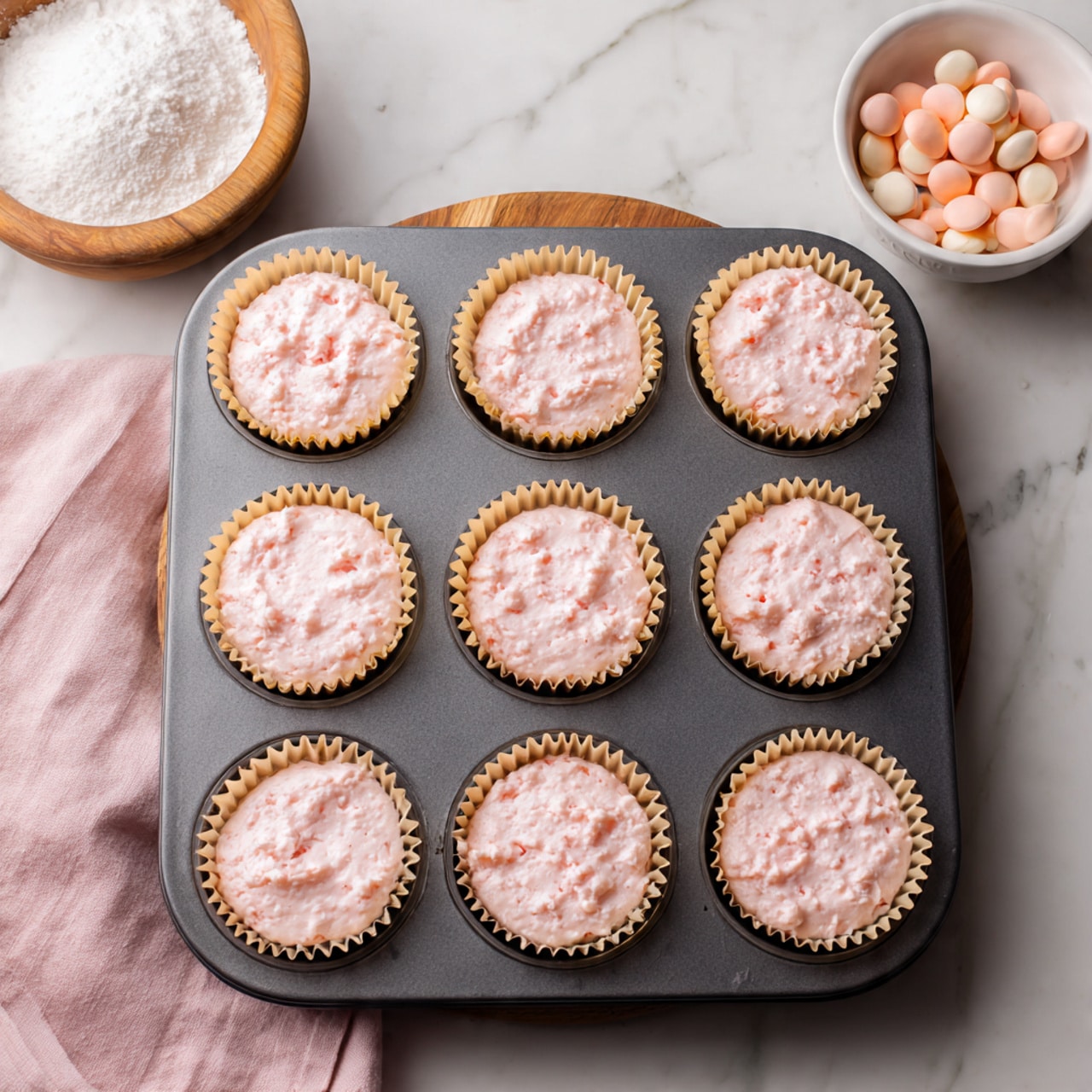 The image shows several small pink cheesecake bites on a white marbled surface, each with two layers: a bottom crumbly golden crust and a thick, creamy, light pink top layer with small dark specks inside. The pink top layer is ribbed with gentle ridges around the side and smooth on top, decorated with small red, white, and pink candy pieces scattered across the surface. The cheesecake bites are round and arranged closely together, creating a soft and sweet appearance. Photo taken with an iphone --ar 4:5 --v 7